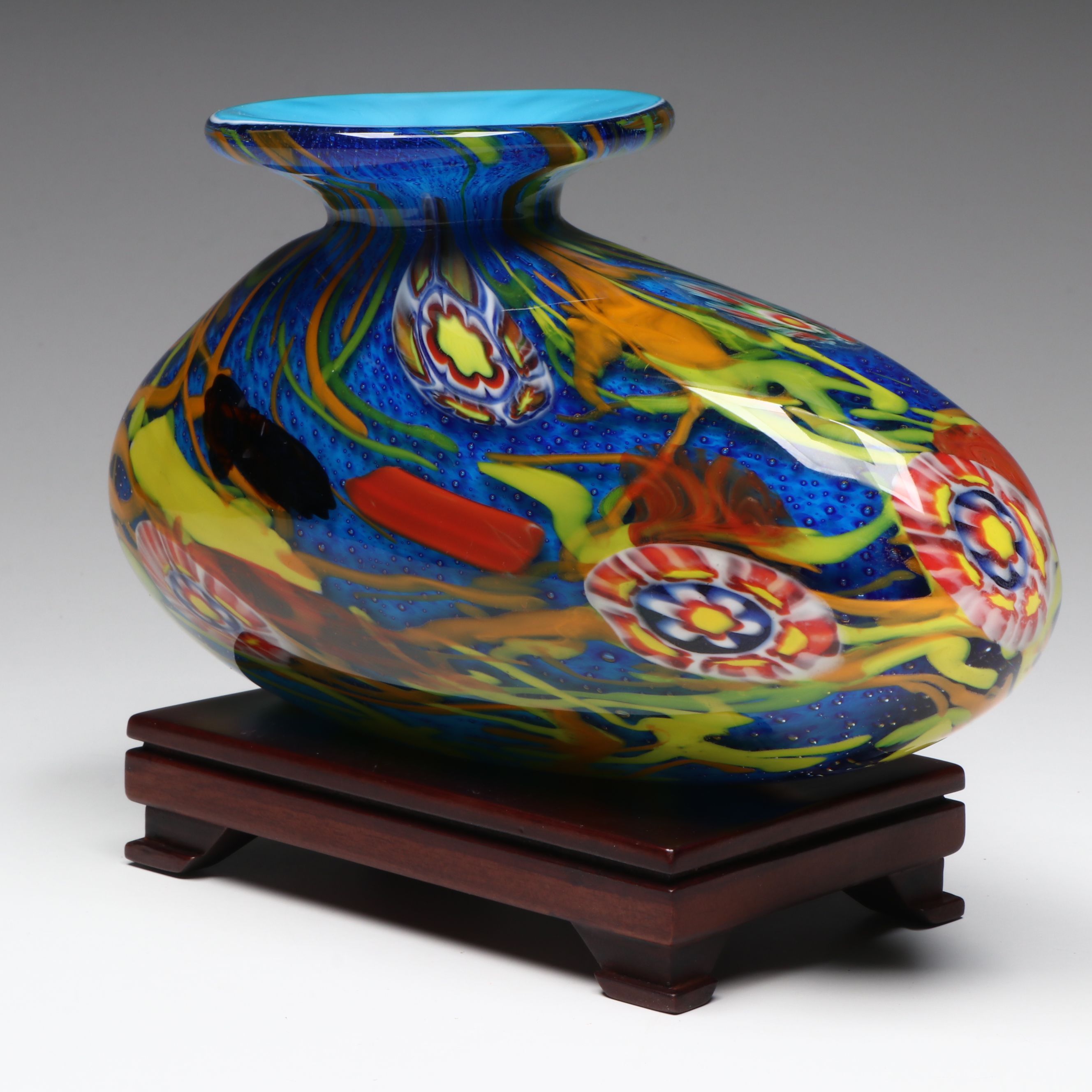 Murano Style Handblown Multicolor Art Glass Vase on Wood Stand