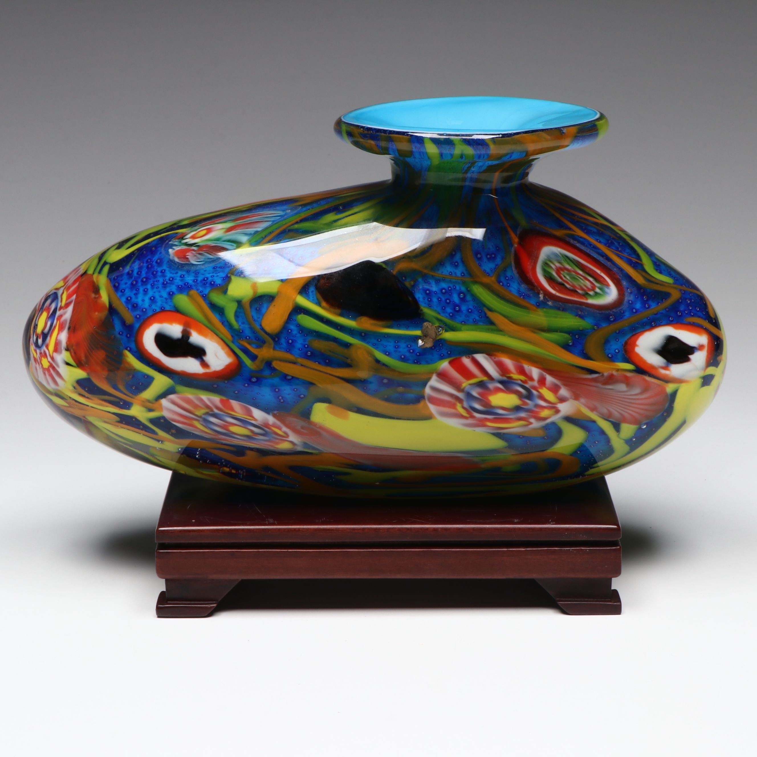 Murano Style Handblown Multicolor Art Glass Vase on Wood Stand