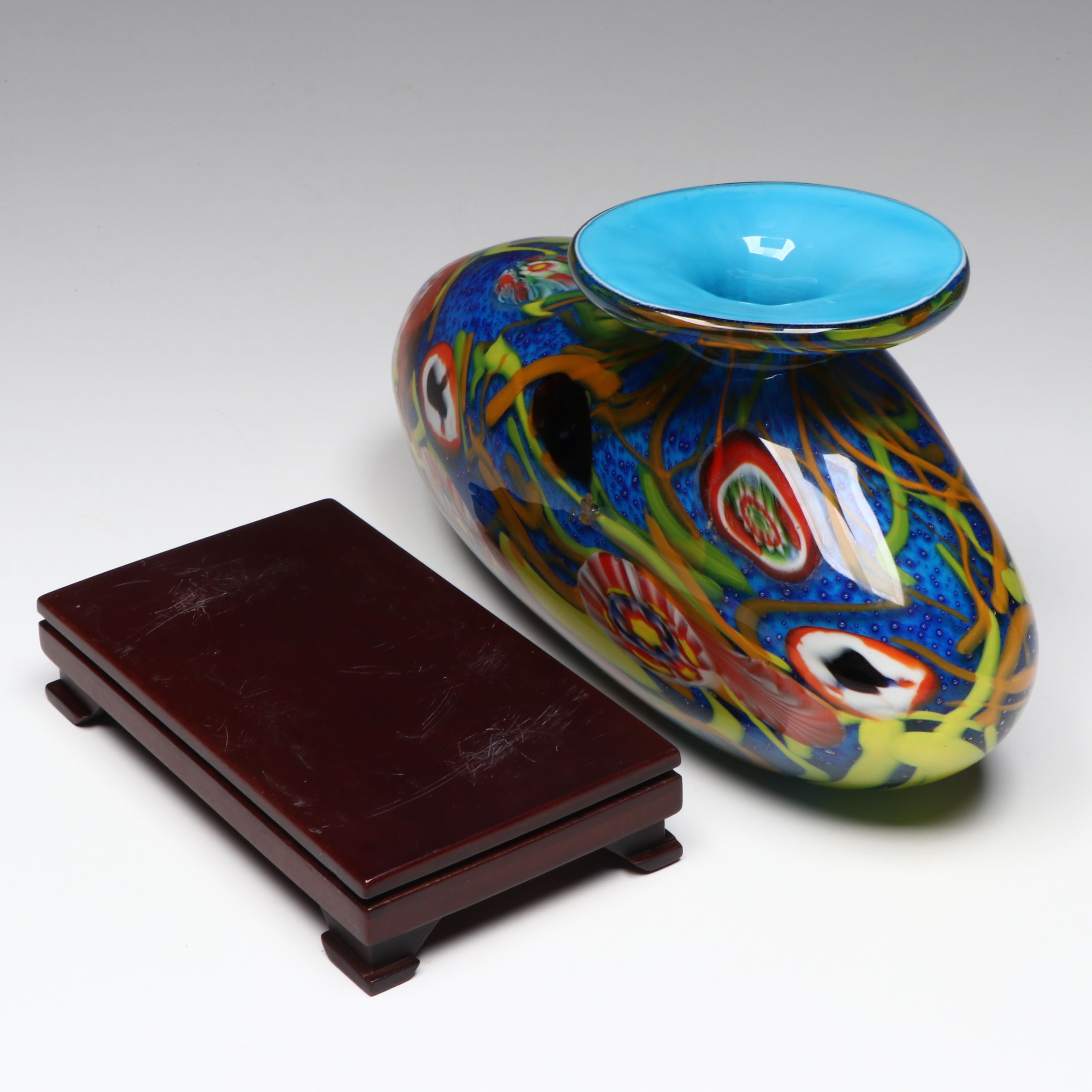 Murano Style Handblown Multicolor Art Glass Vase on Wood Stand