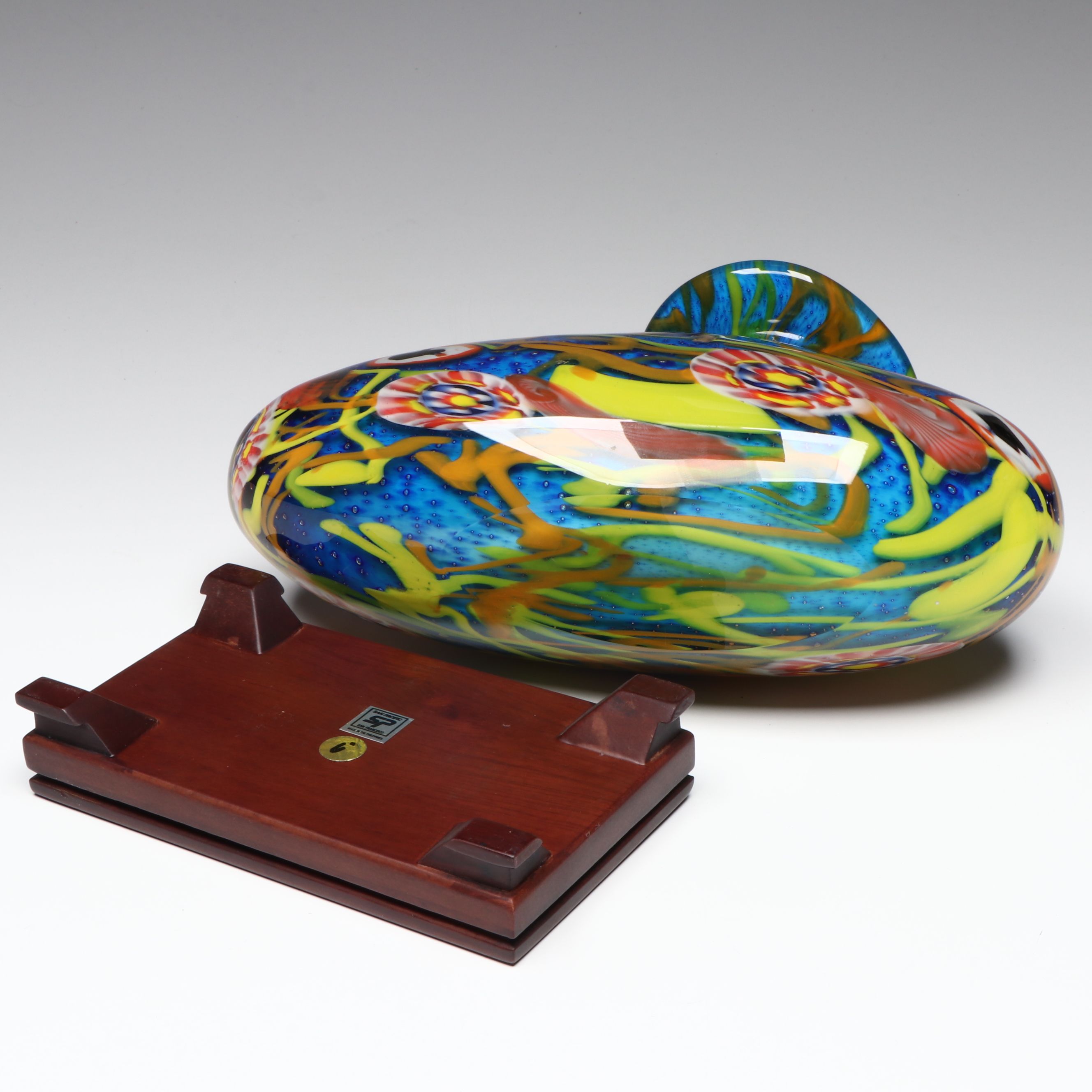 Murano Style Handblown Multicolor Art Glass Vase on Wood Stand