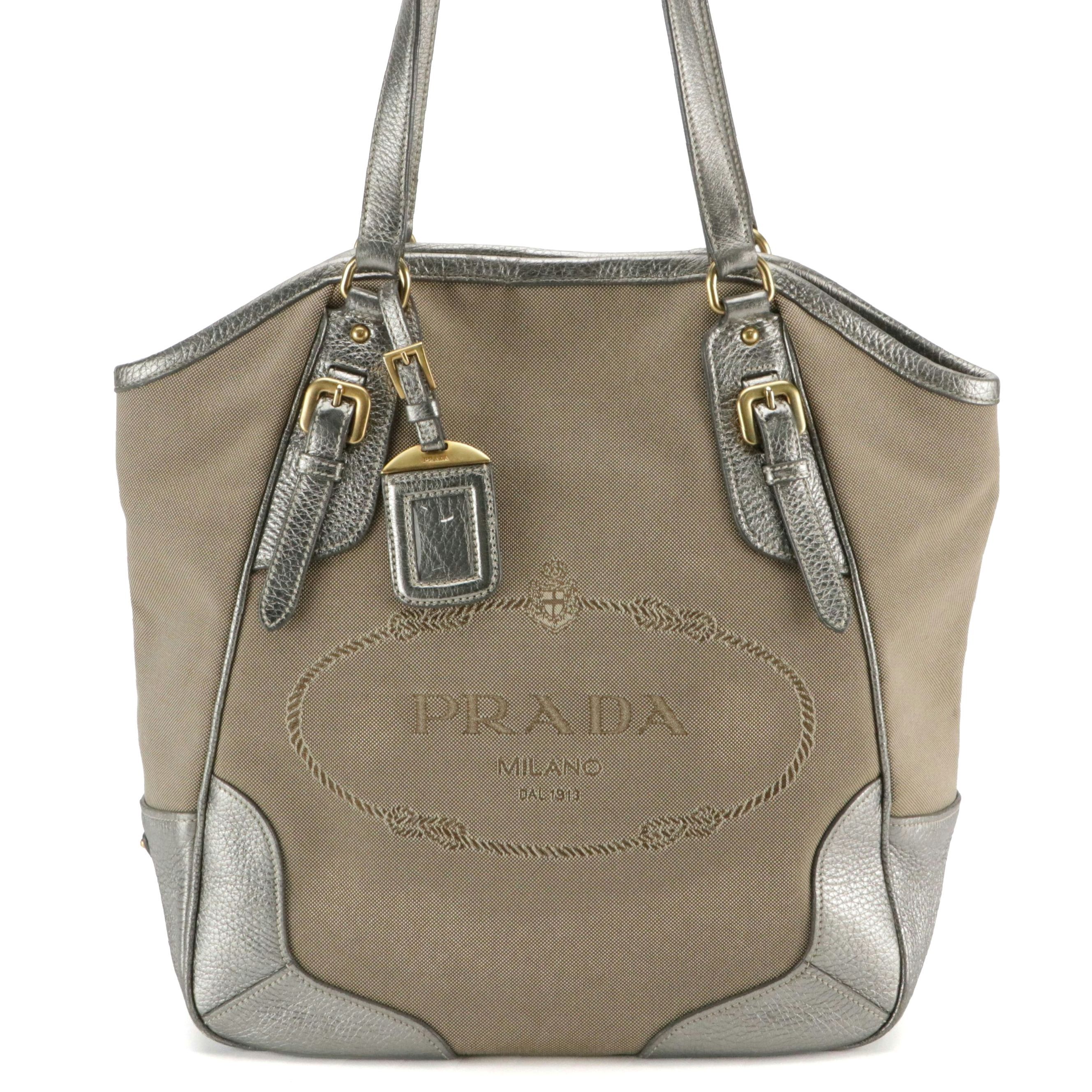 Prada Beige Canapa Logo Canvas and Silver Metallic Leather Tote