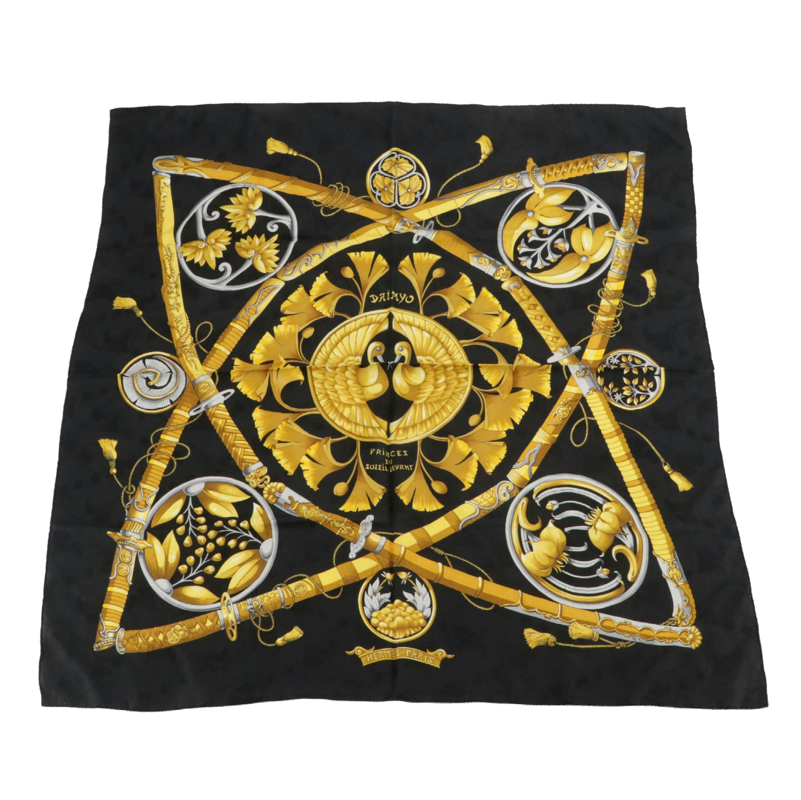 Hermès "Daïmyo Princes du Soleil Levant" Black & Gold Silk Jacquard Scarf 90