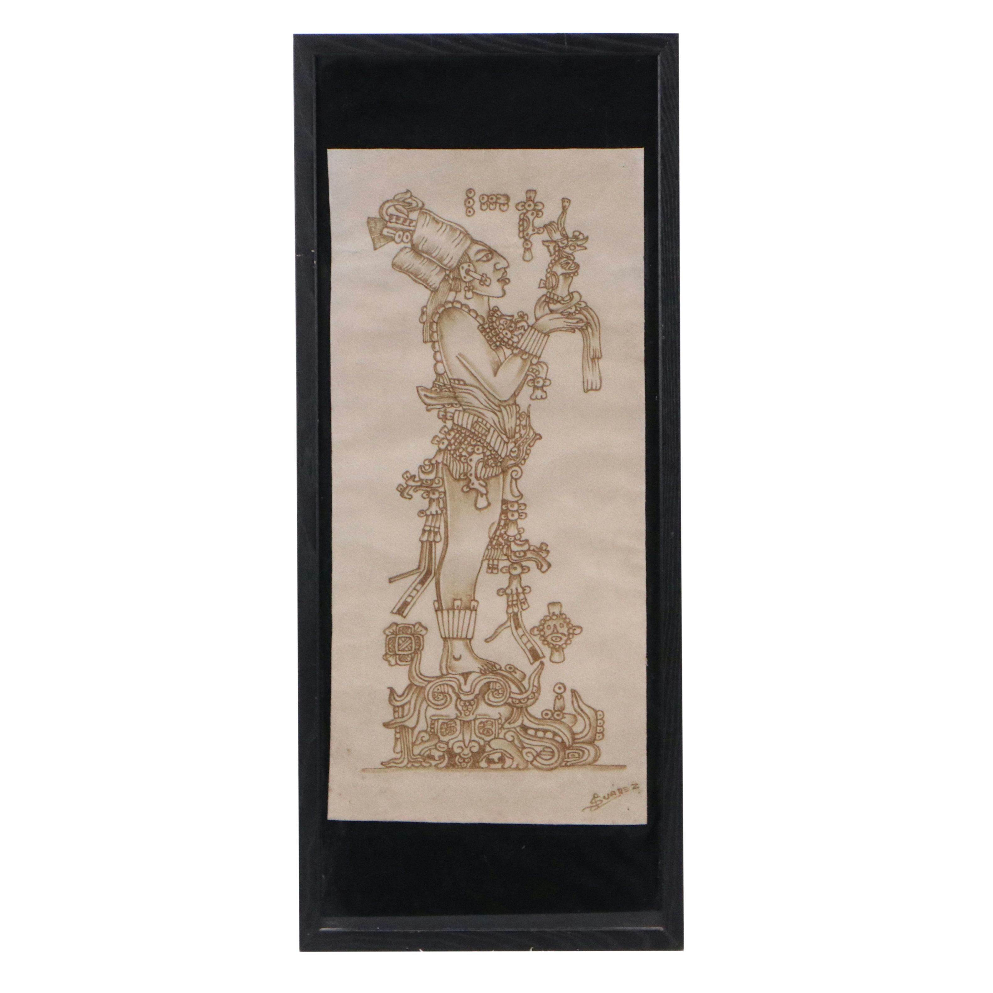 Mayan Style Pyrograph on Suede Leather of Chan-Bahlum II