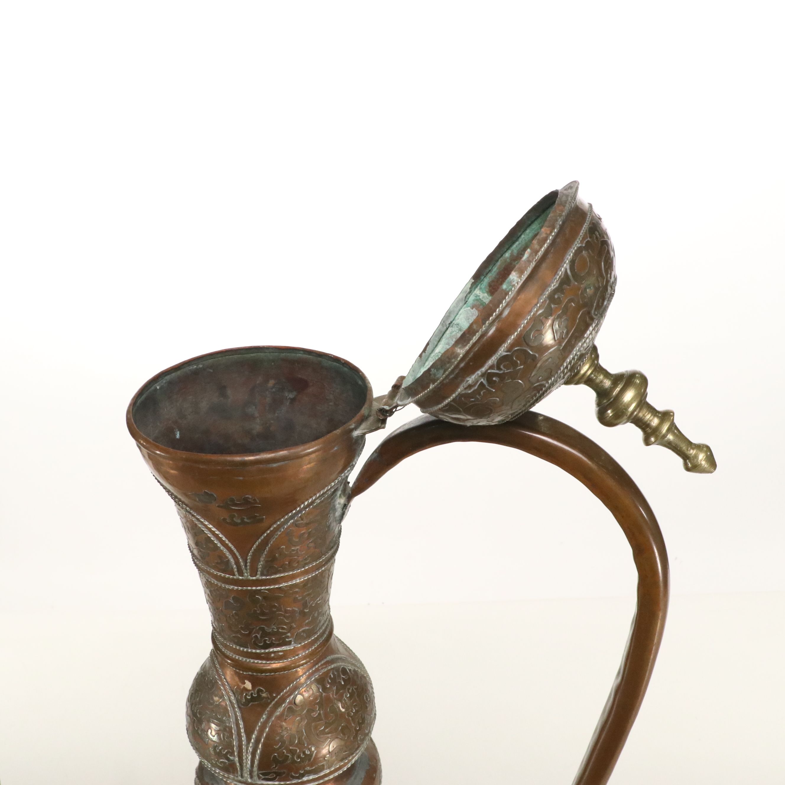 Indian Style Patinated Copper Ewer with Metal Accents