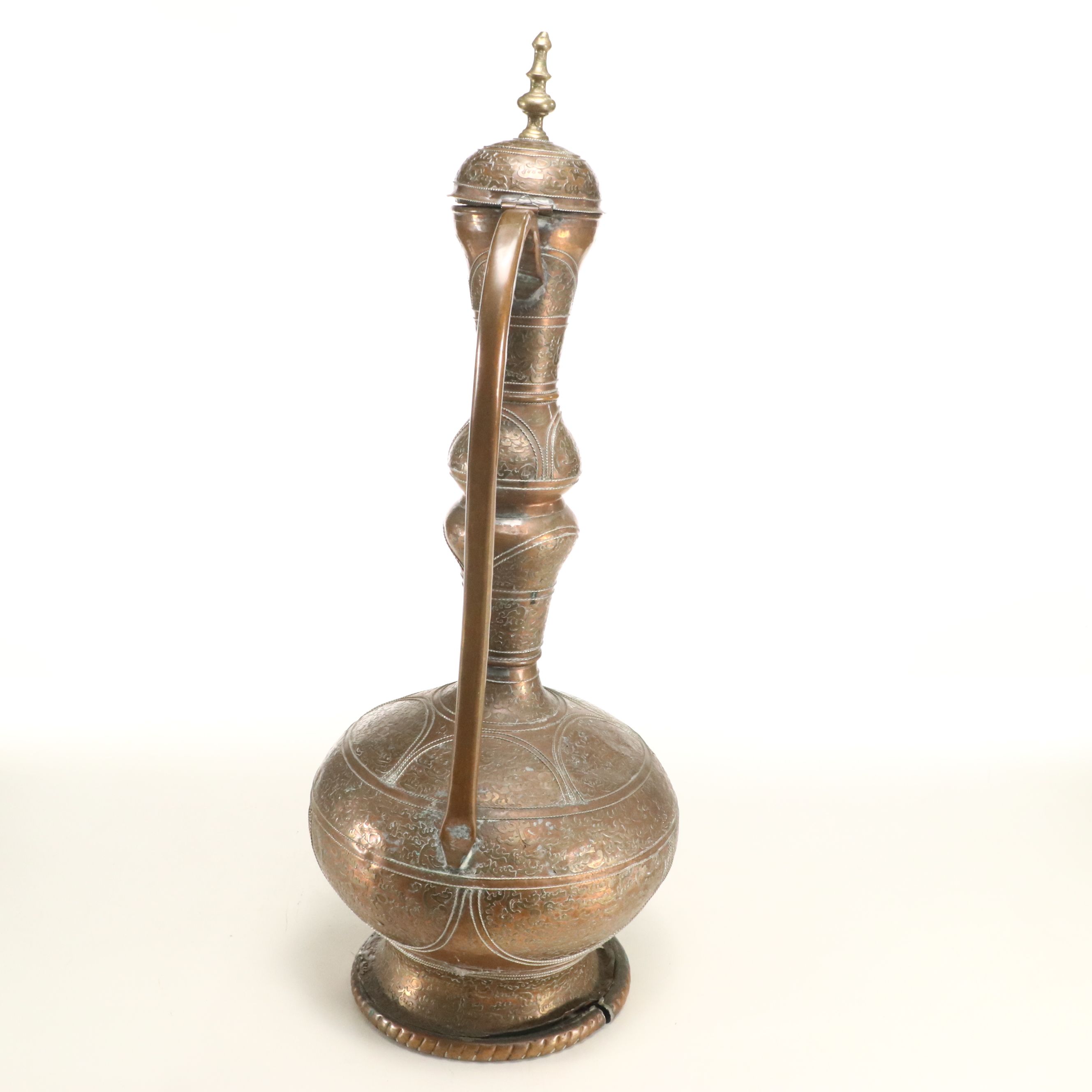 Indian Style Patinated Copper Ewer with Metal Accents