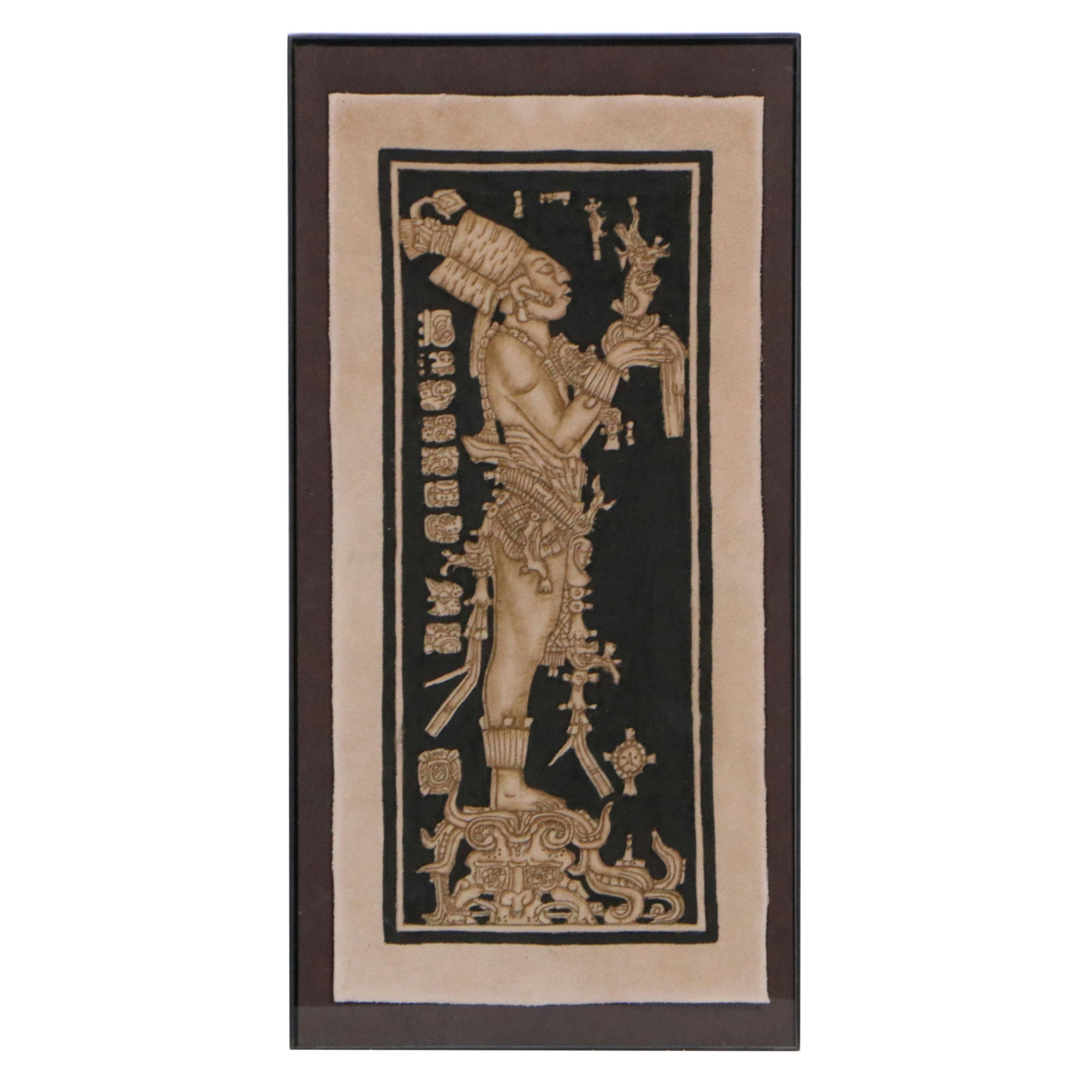 Hand-Dyed Pyrograph on Suede Leather of Chan-Bahlum II