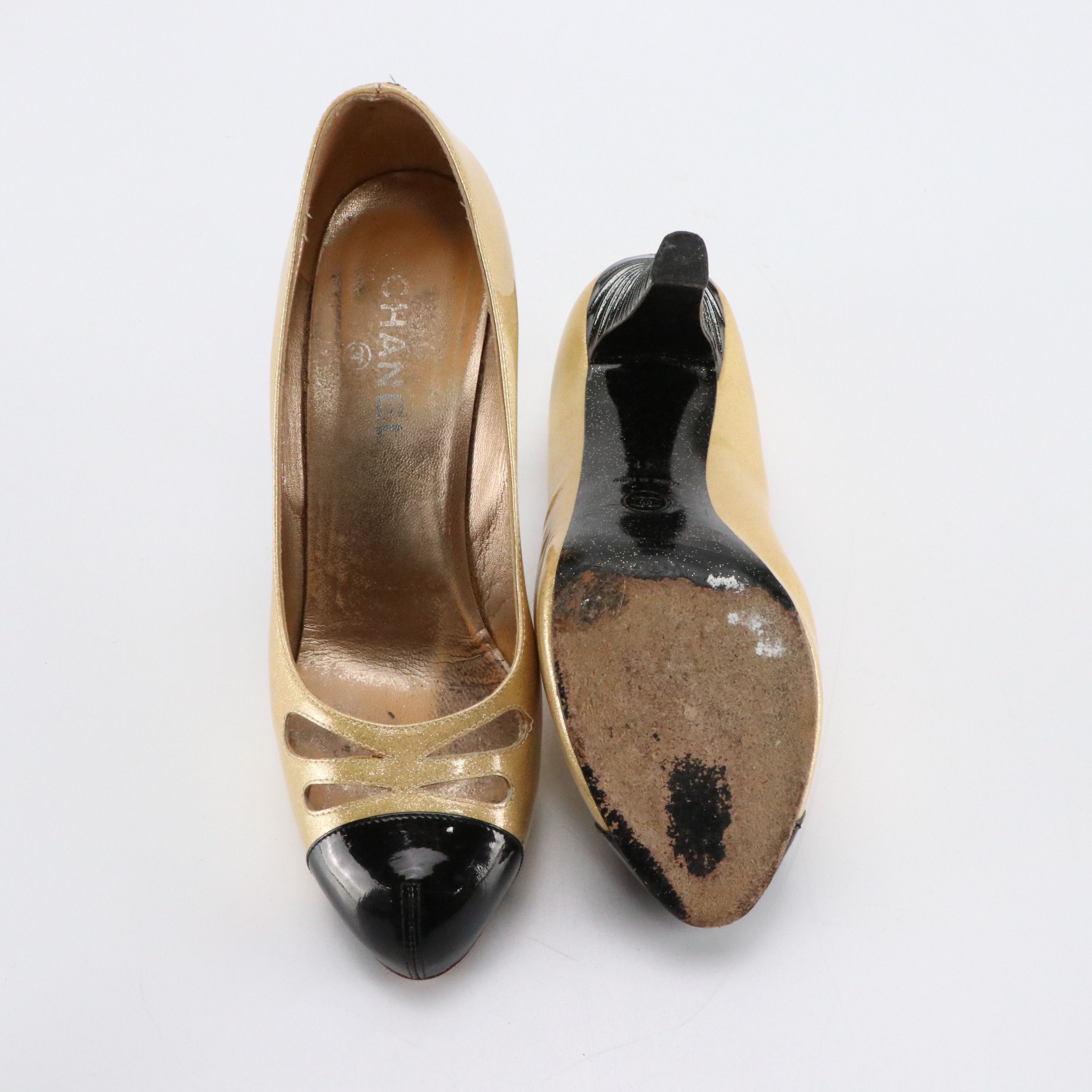 Chanel Glittery Patent Leather Cap Toe High Heel Pumps in Gold and Black
