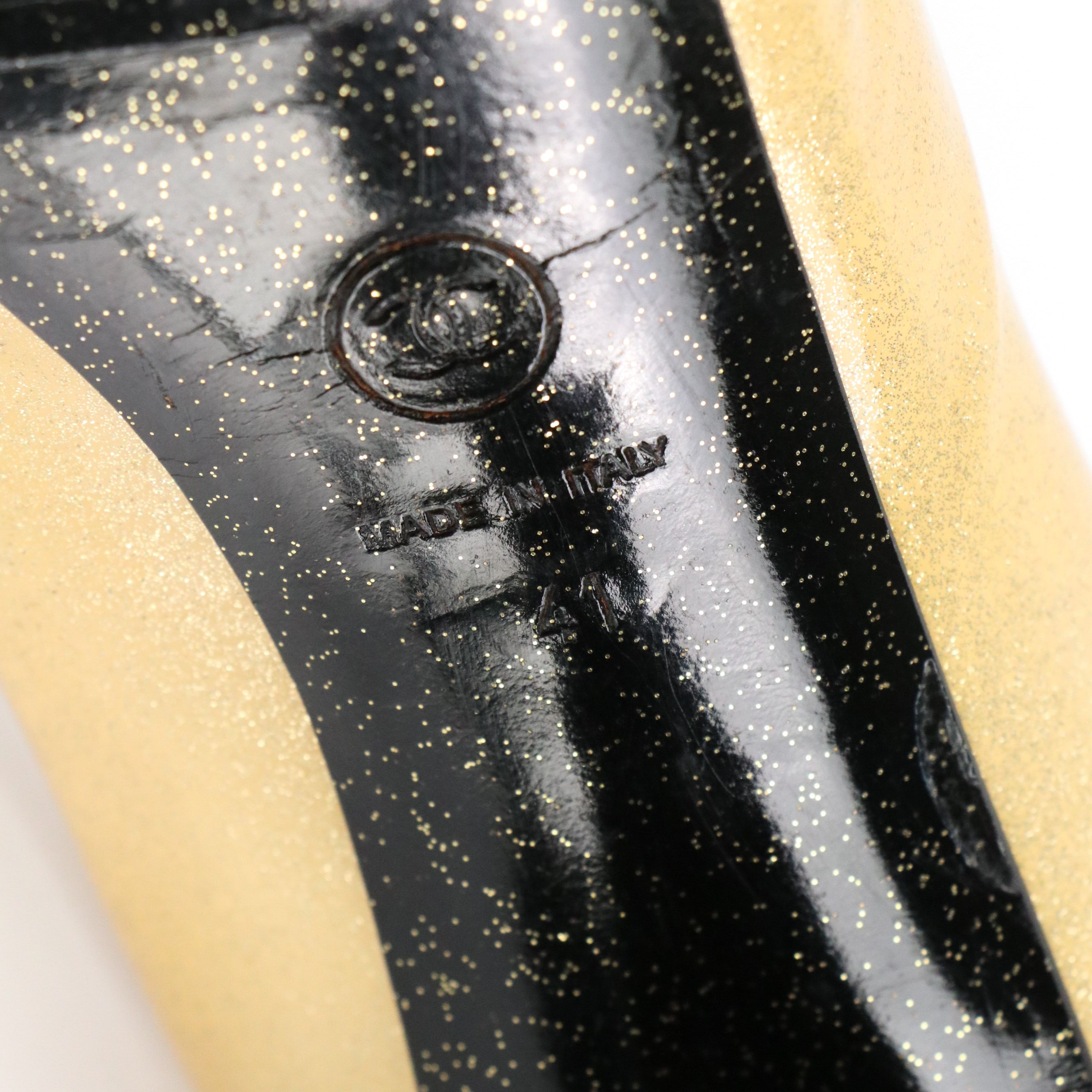 Chanel Glittery Patent Leather Cap Toe High Heel Pumps in Gold and Black