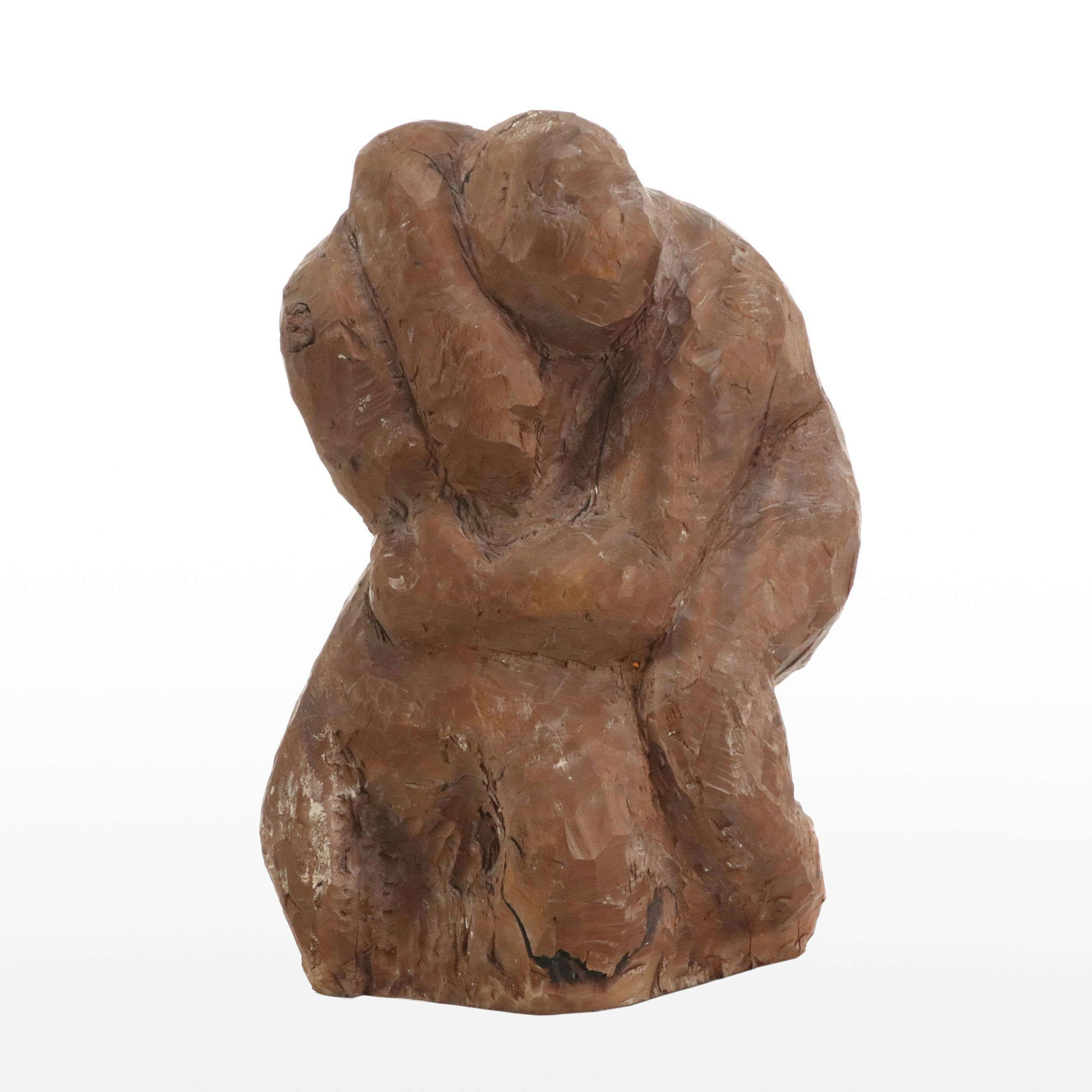 Carved Wood Knot of Crouched Forlorn Figure