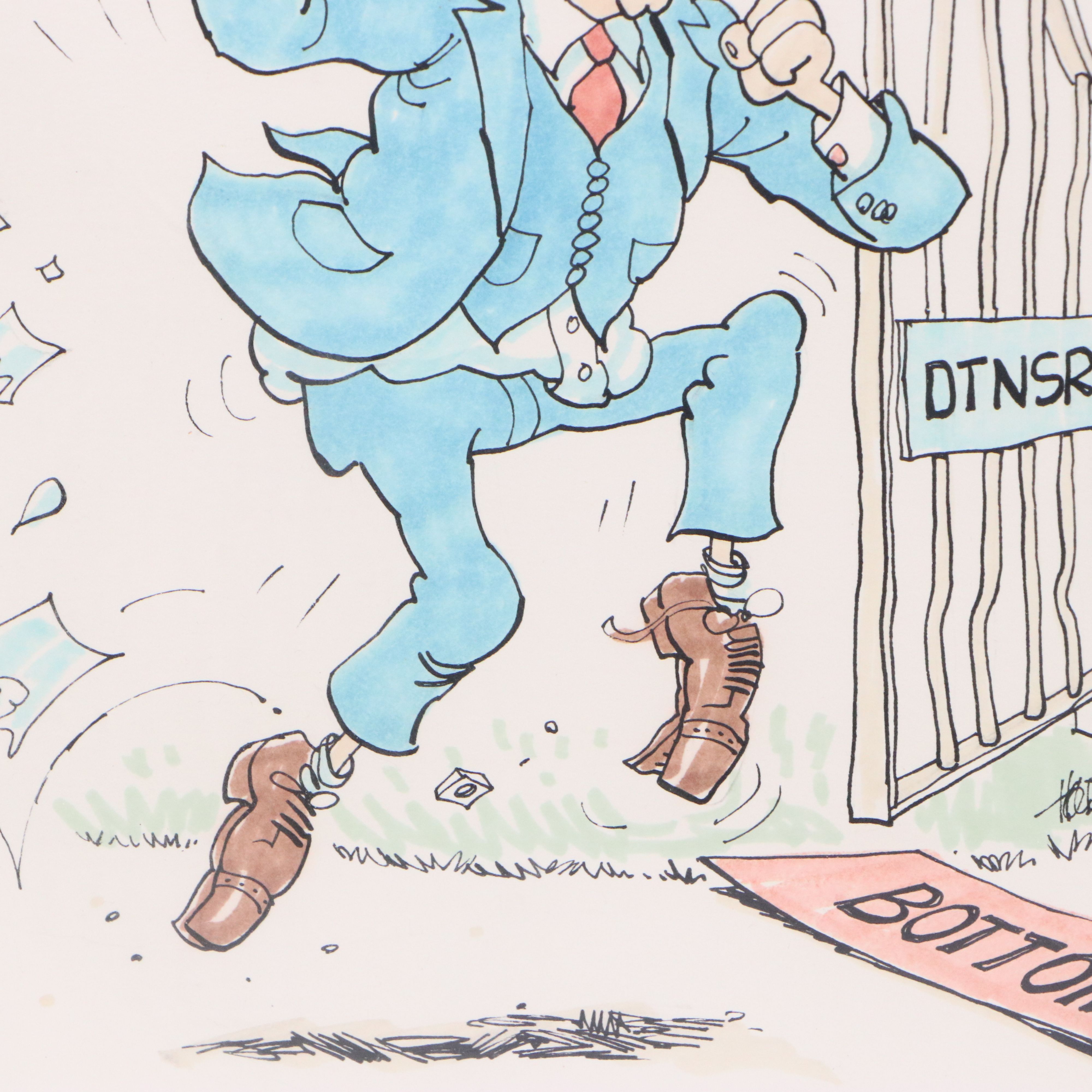 American Ink and Watercolor Political Cartoon Illustration, 1980s