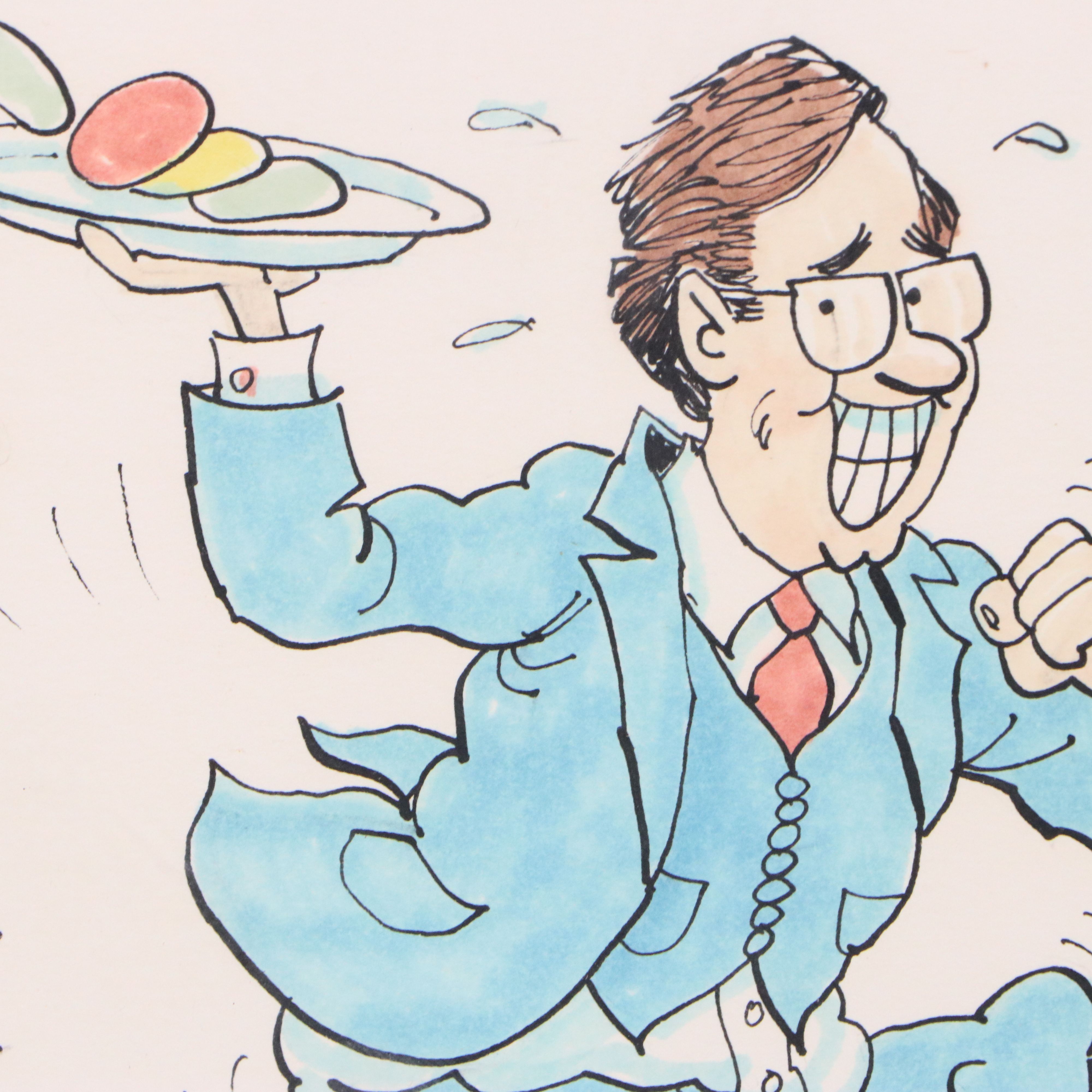 American Ink and Watercolor Political Cartoon Illustration, 1980s