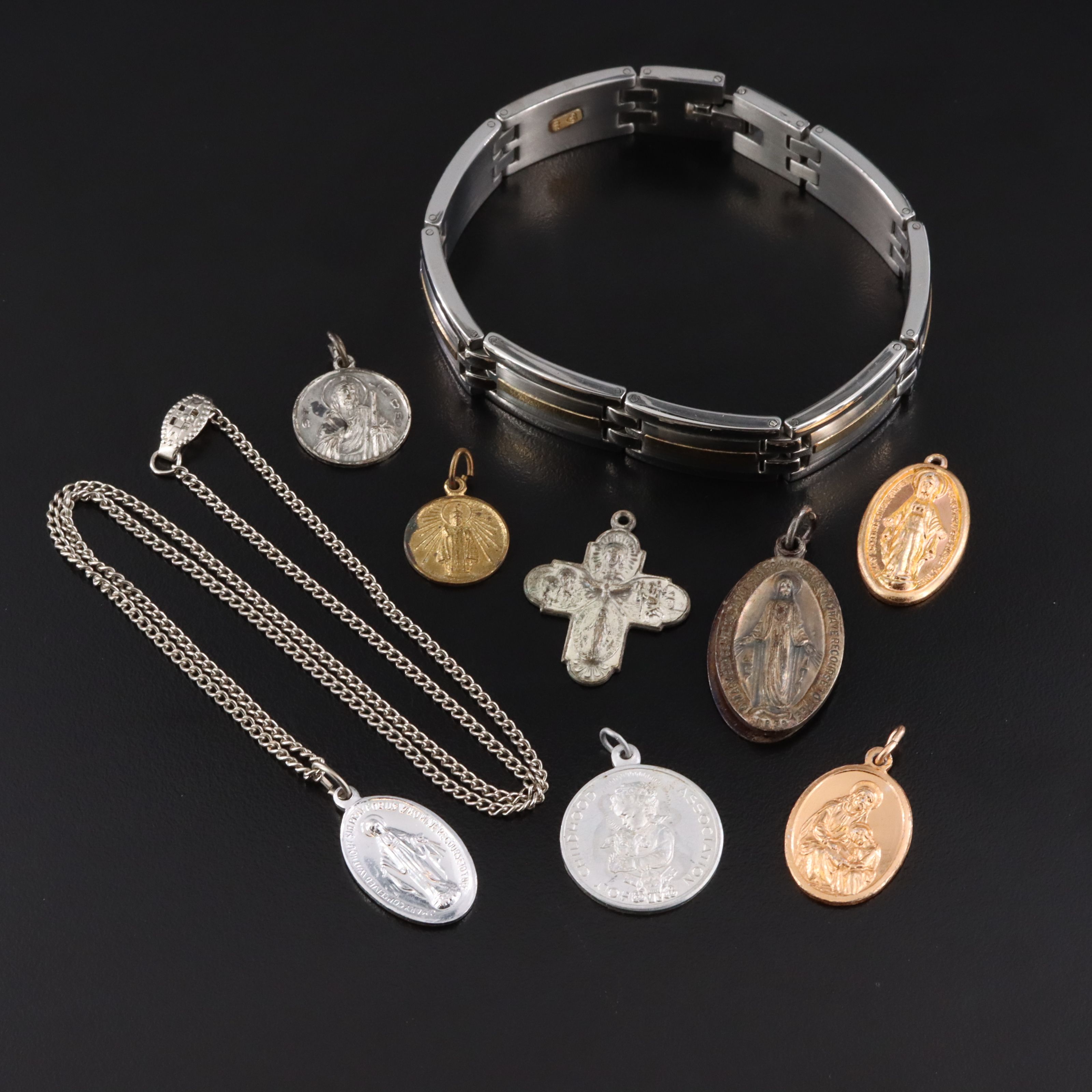 Religious Pendants and Stainless Steel Panel Bracelet with 18K Accents
