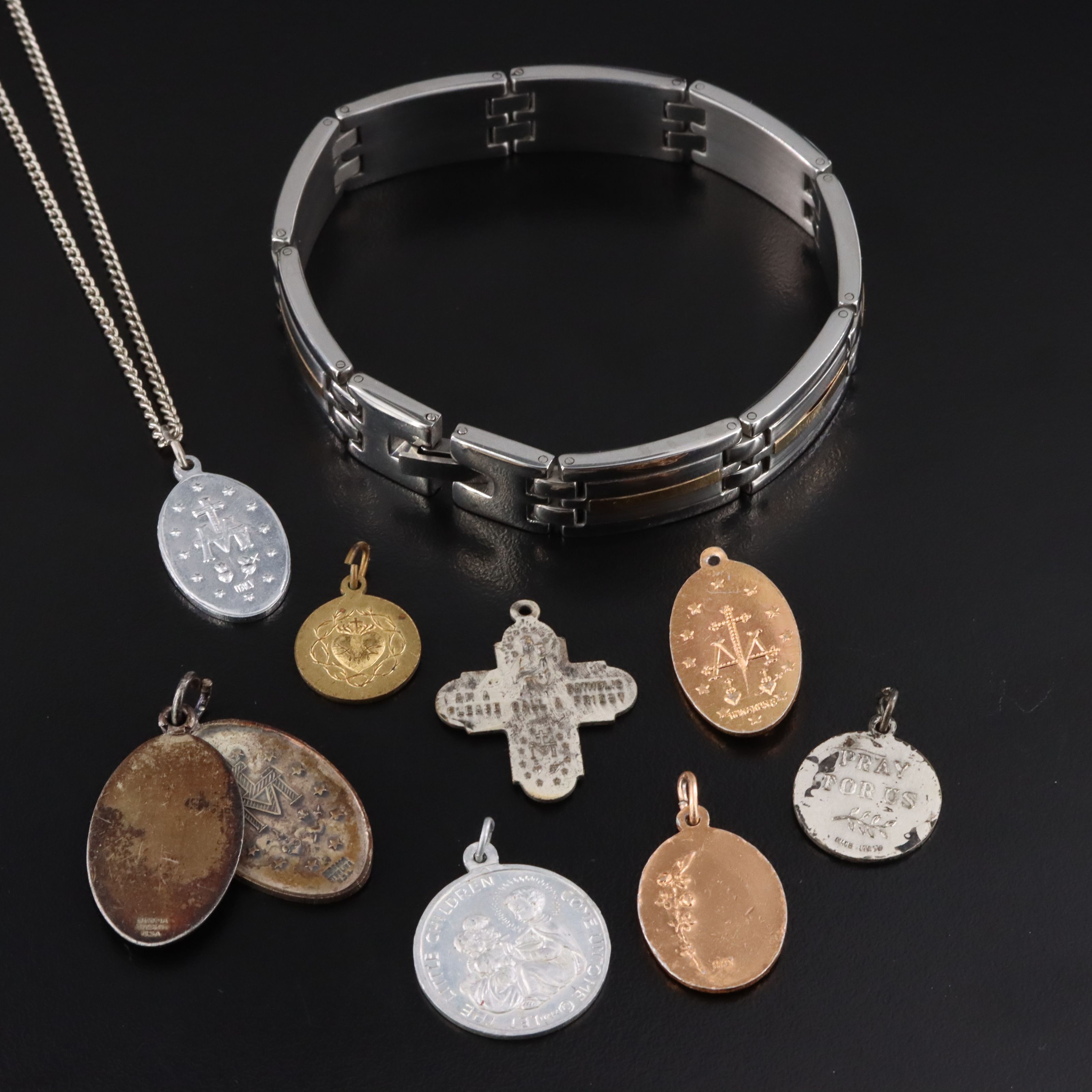 Religious Pendants and Stainless Steel Panel Bracelet with 18K Accents