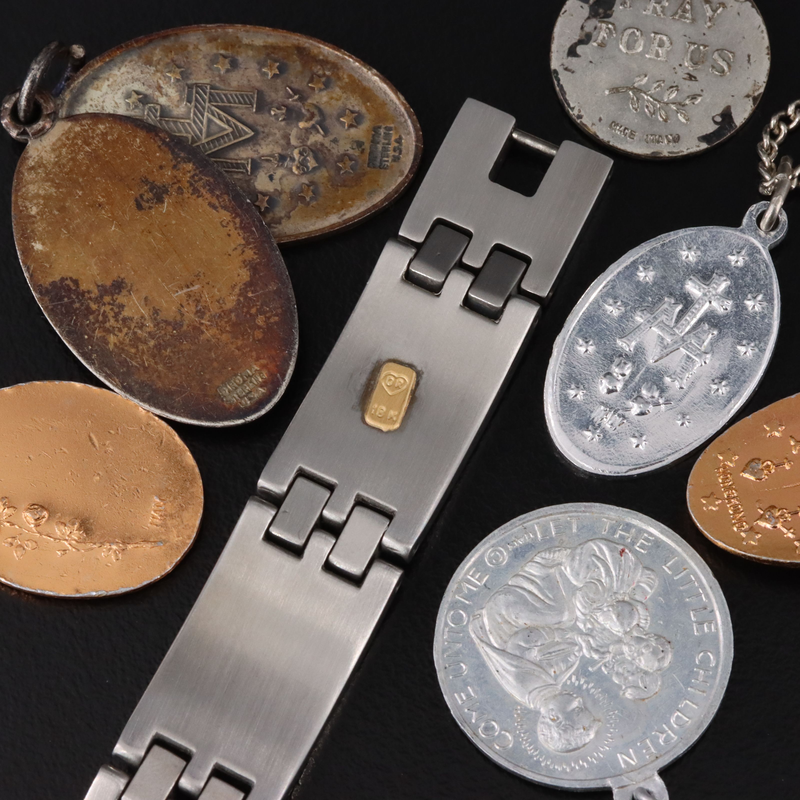 Religious Pendants and Stainless Steel Panel Bracelet with 18K Accents