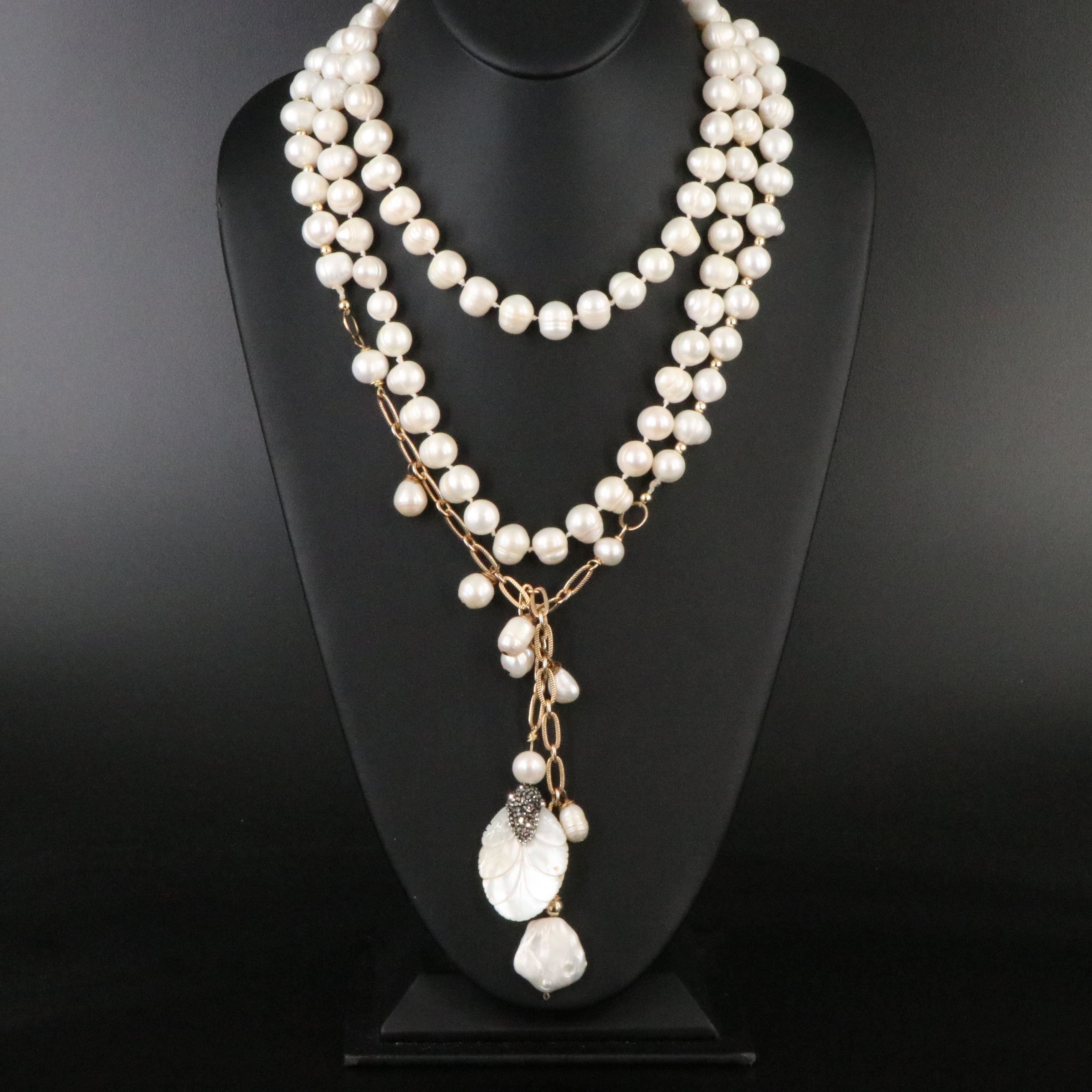 Pearl, Mother-of-Pearl and Glass Crystal Sautoir Necklace