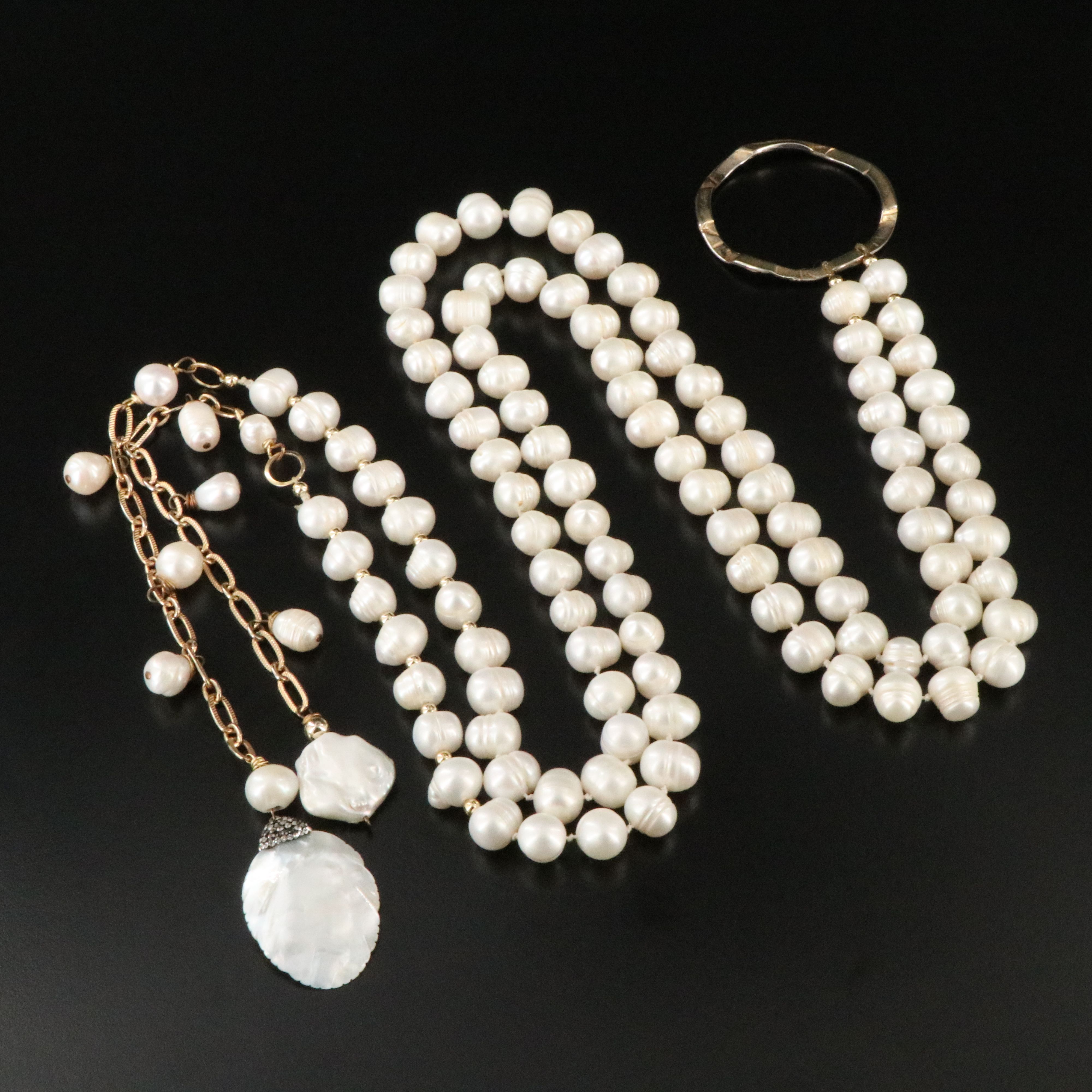 Pearl, Mother-of-Pearl and Glass Crystal Sautoir Necklace