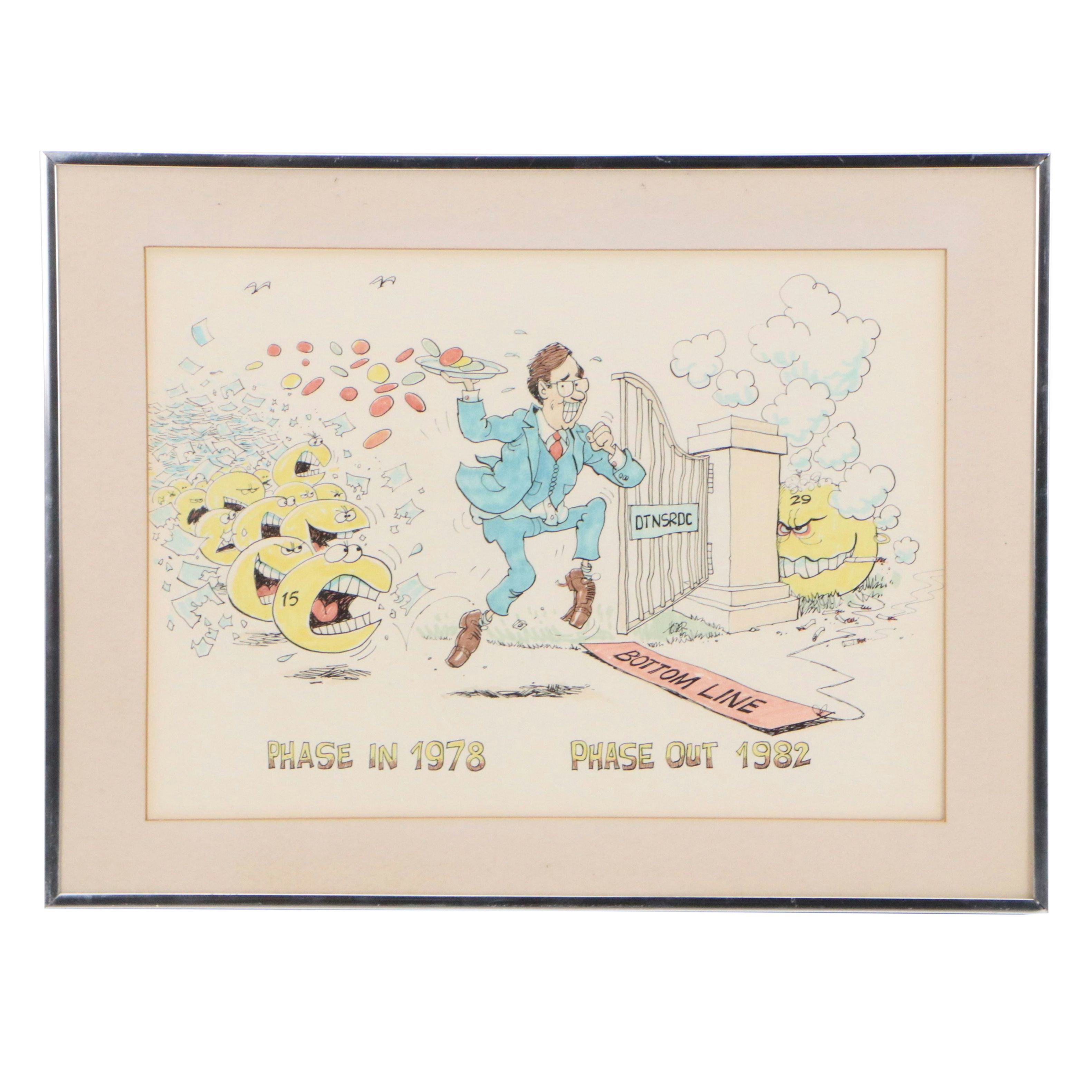 American Ink and Watercolor Political Cartoon Illustration, 1980s