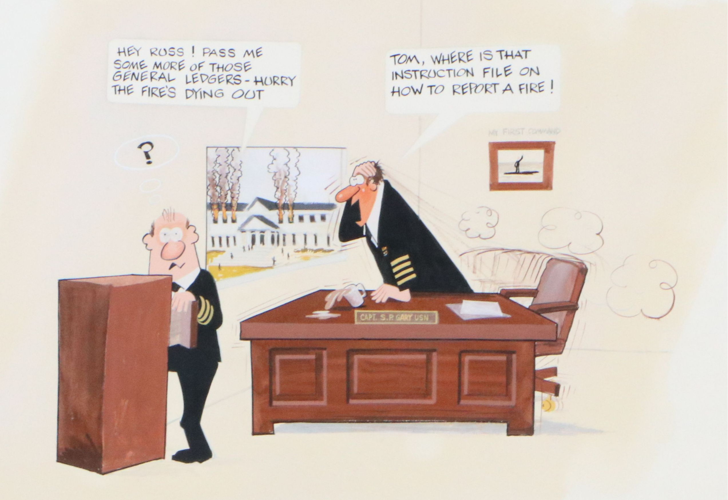 Gouache Political Cartoon Illustration of Fire Scene, Circa Late 20th Century