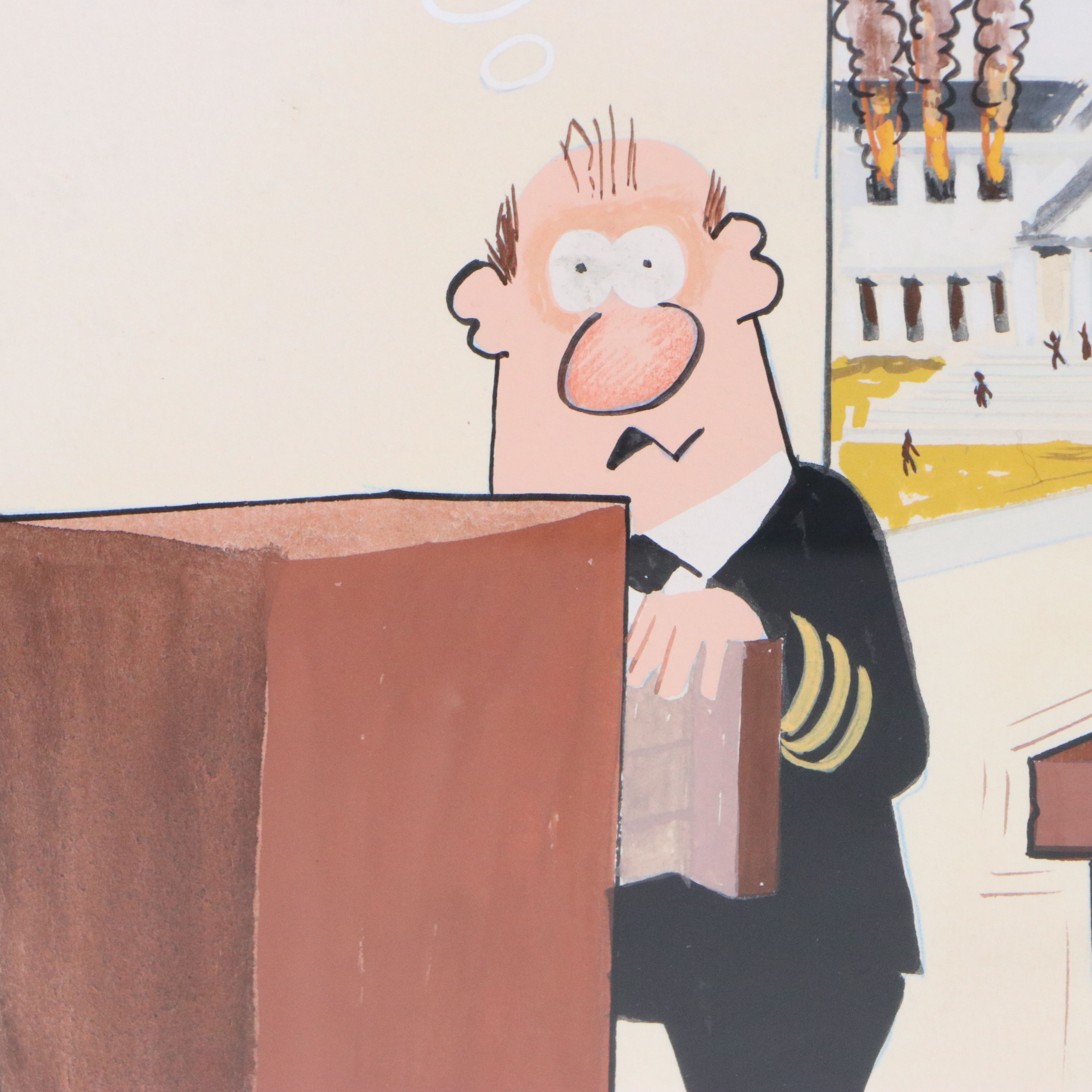 Gouache Political Cartoon Illustration of Fire Scene, Circa Late 20th Century