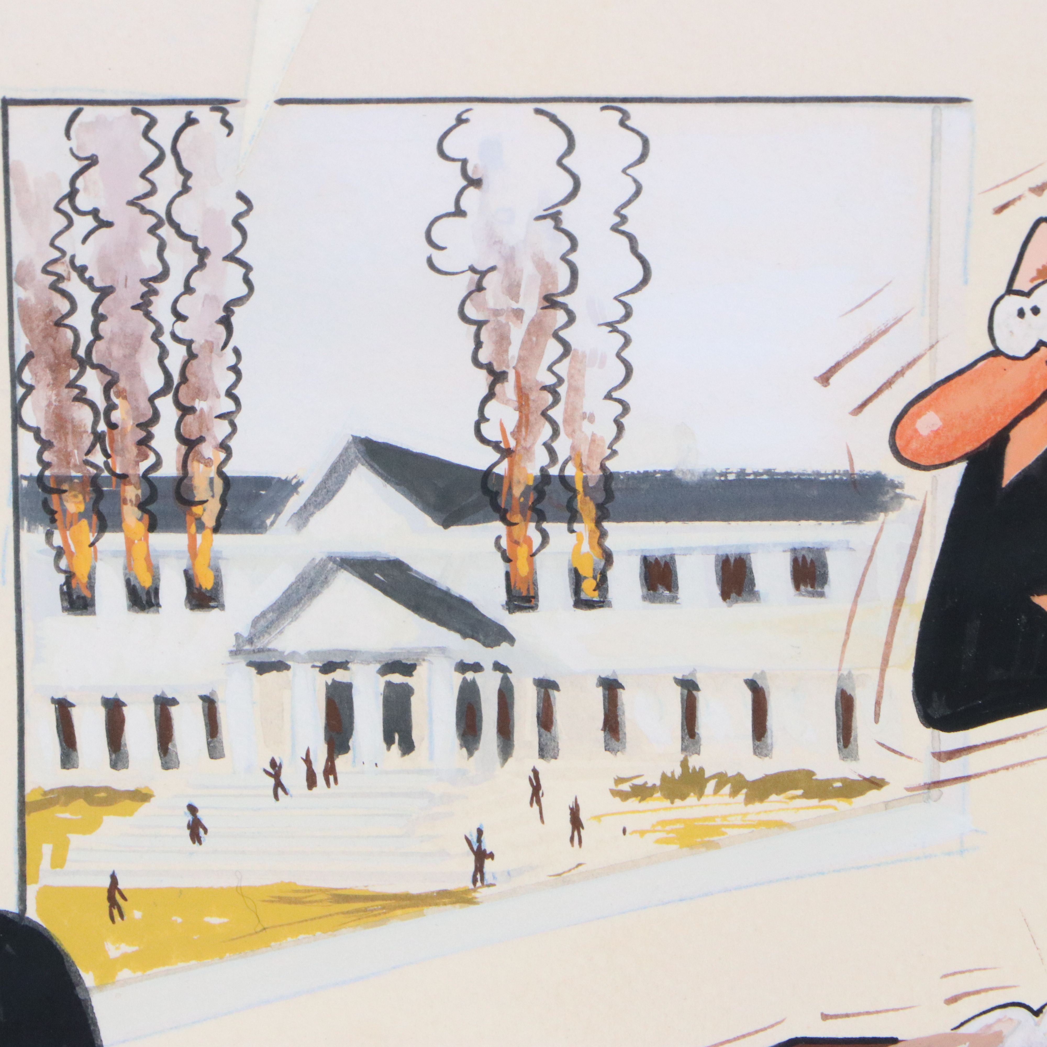 Gouache Political Cartoon Illustration of Fire Scene, Circa Late 20th Century