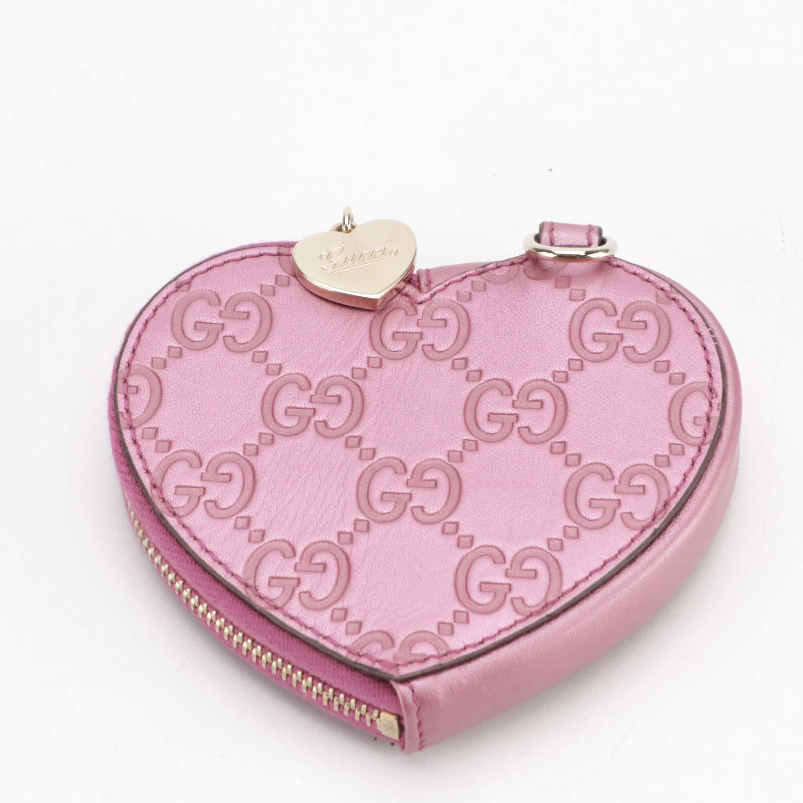 Gucci Heart Coin Pouch in Metallic Pink Guccissima Leather, With Box