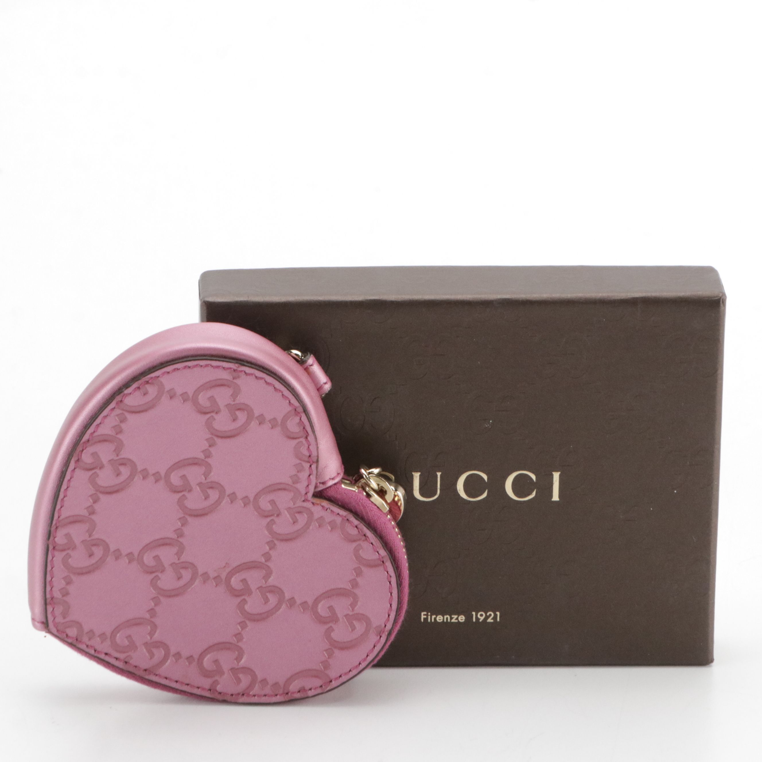 Gucci Heart Coin Pouch in Metallic Pink Guccissima Leather, With Box