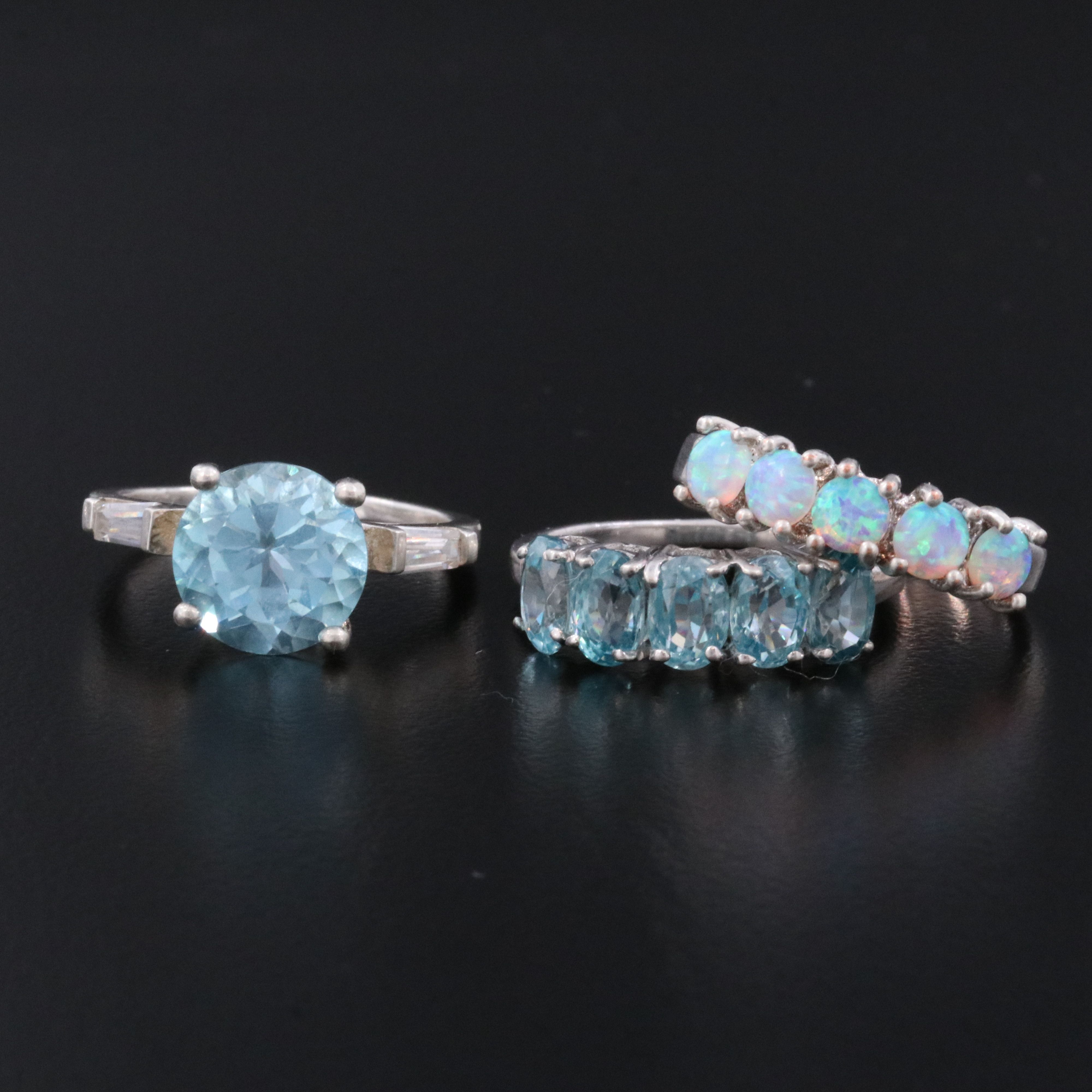 Sterling Blue Topaz, CZ and Opal Ring Collection