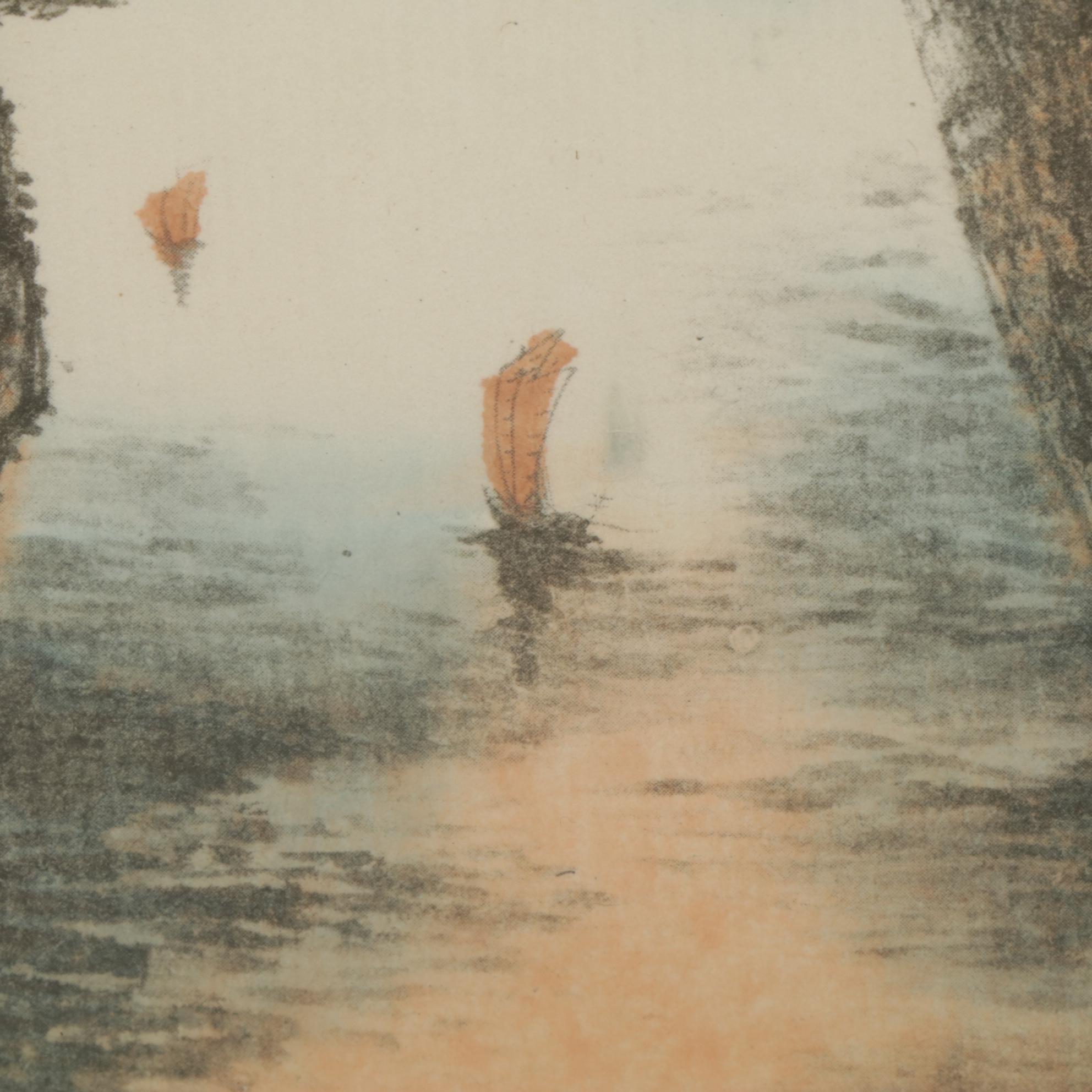 Chinese Hand-Colored Landscape Lithographs on Silk Panel