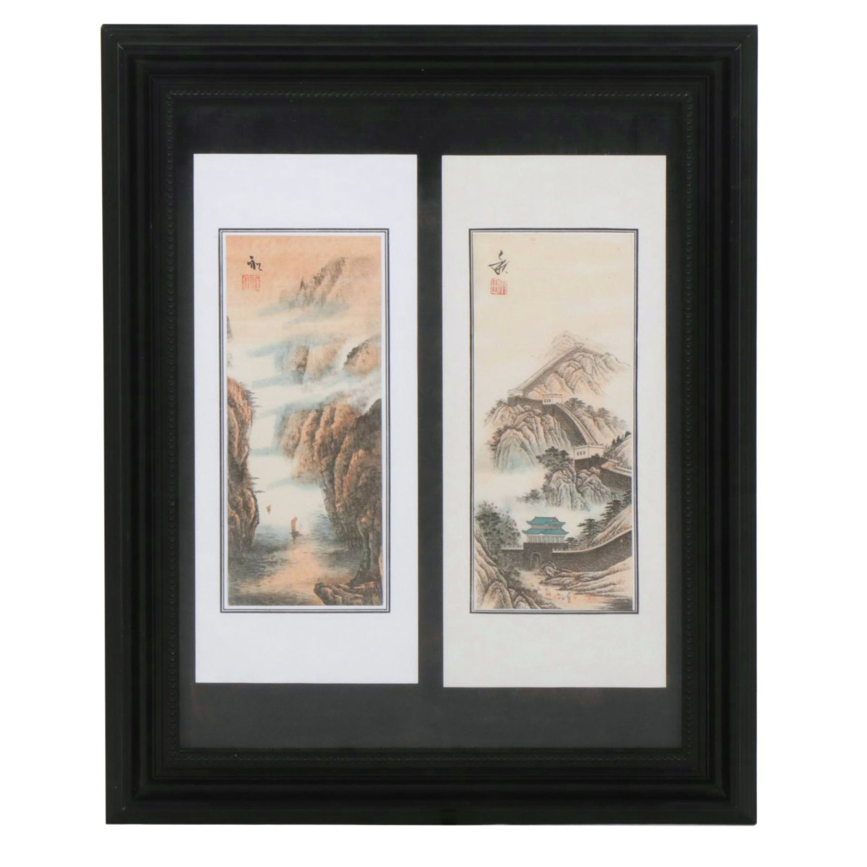 Chinese Hand-Colored Landscape Lithographs on Silk Panel