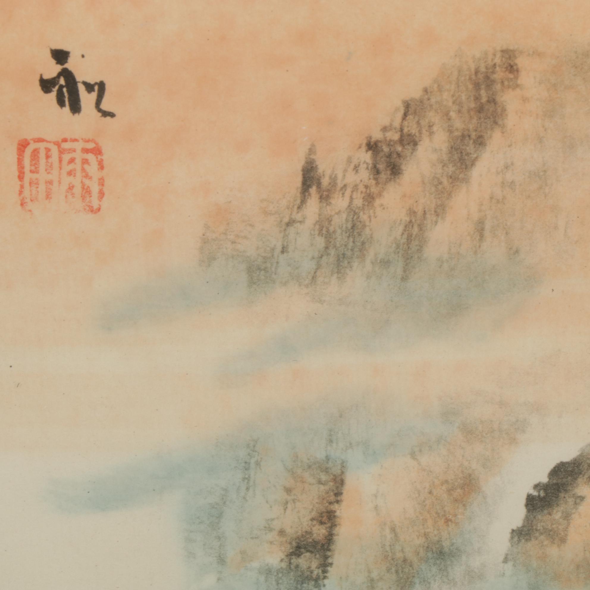 Chinese Hand-Colored Landscape Lithographs on Silk Panel