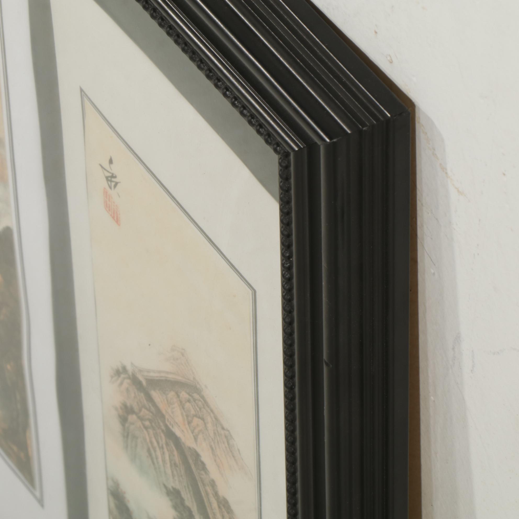 Chinese Hand-Colored Landscape Lithographs on Silk Panel