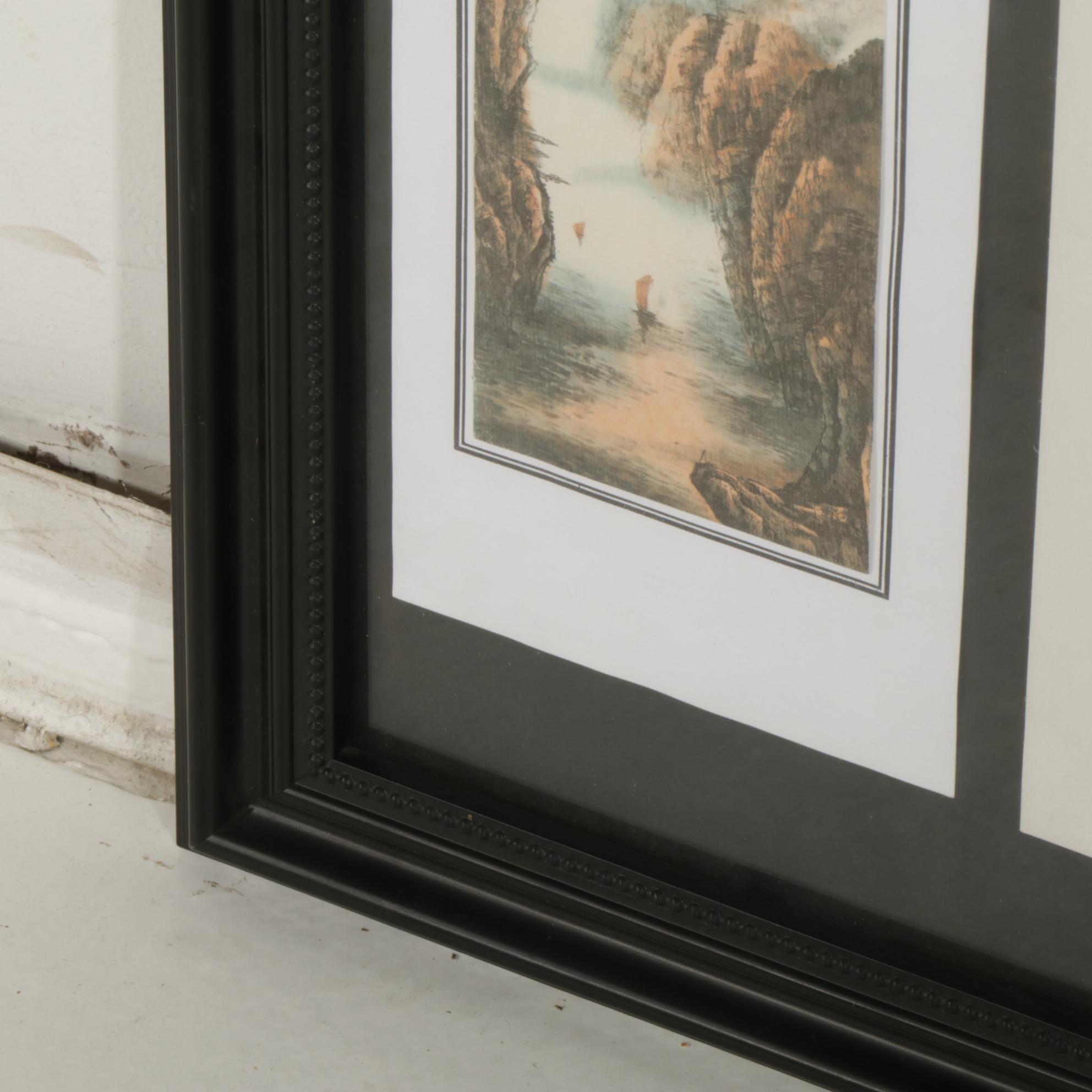 Chinese Hand-Colored Landscape Lithographs on Silk Panel