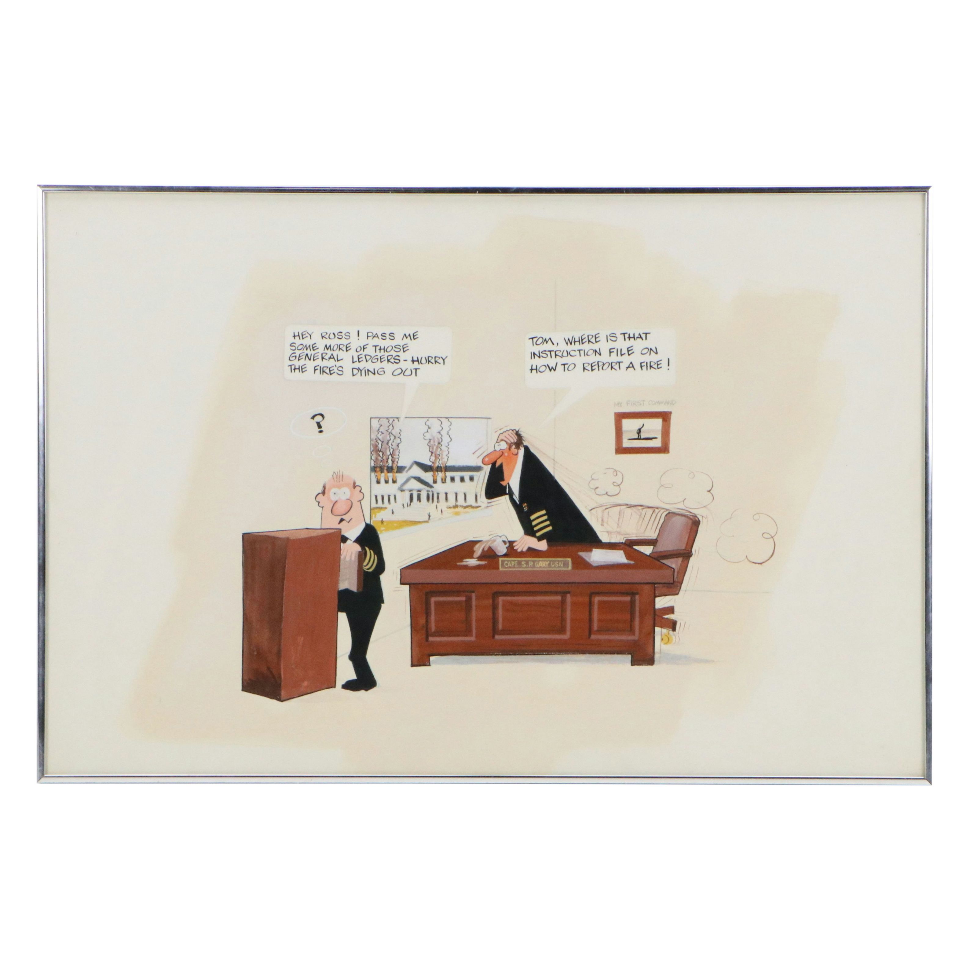 Gouache Political Cartoon Illustration of Fire Scene, Circa Late 20th Century