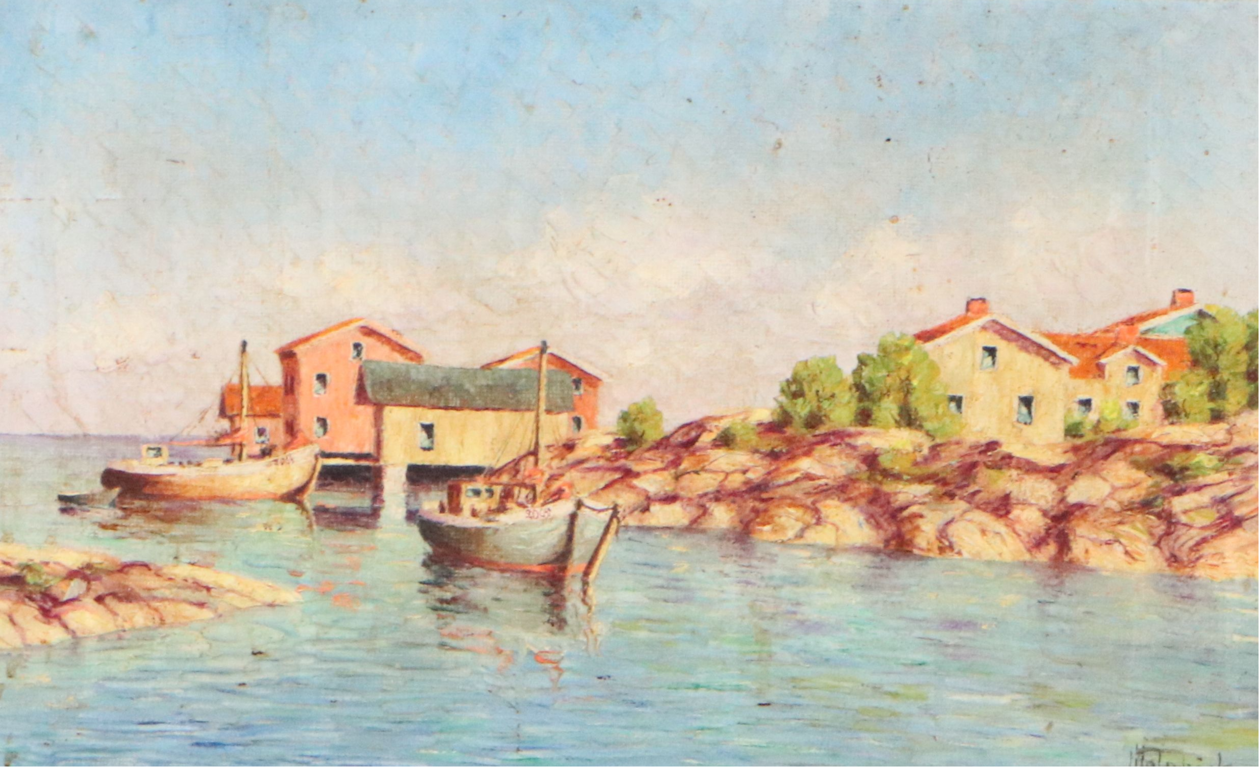 Johan Ingjald Holmbäck Oil Painting of Harbor Scene, 20th Century