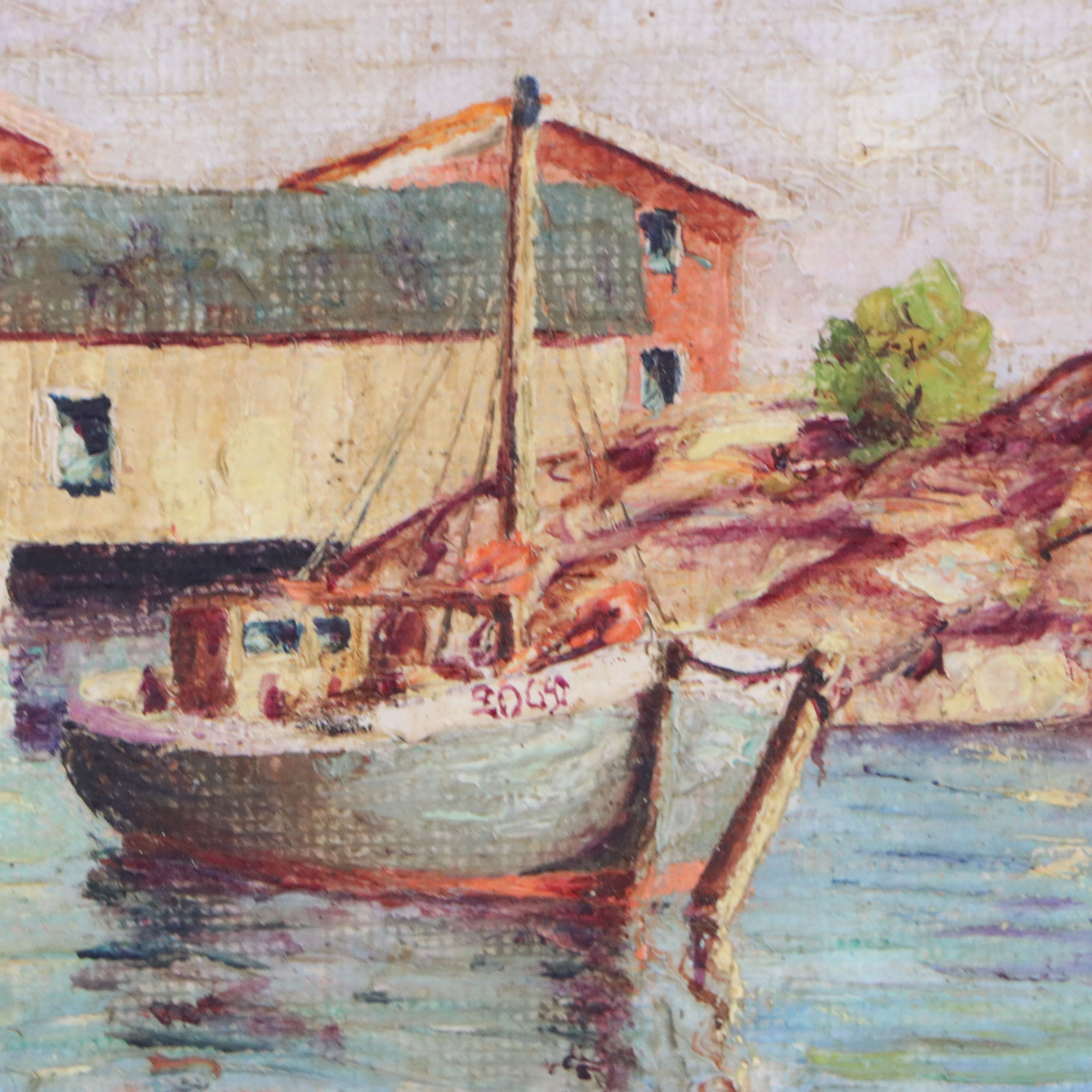 Johan Ingjald Holmbäck Oil Painting of Harbor Scene, 20th Century