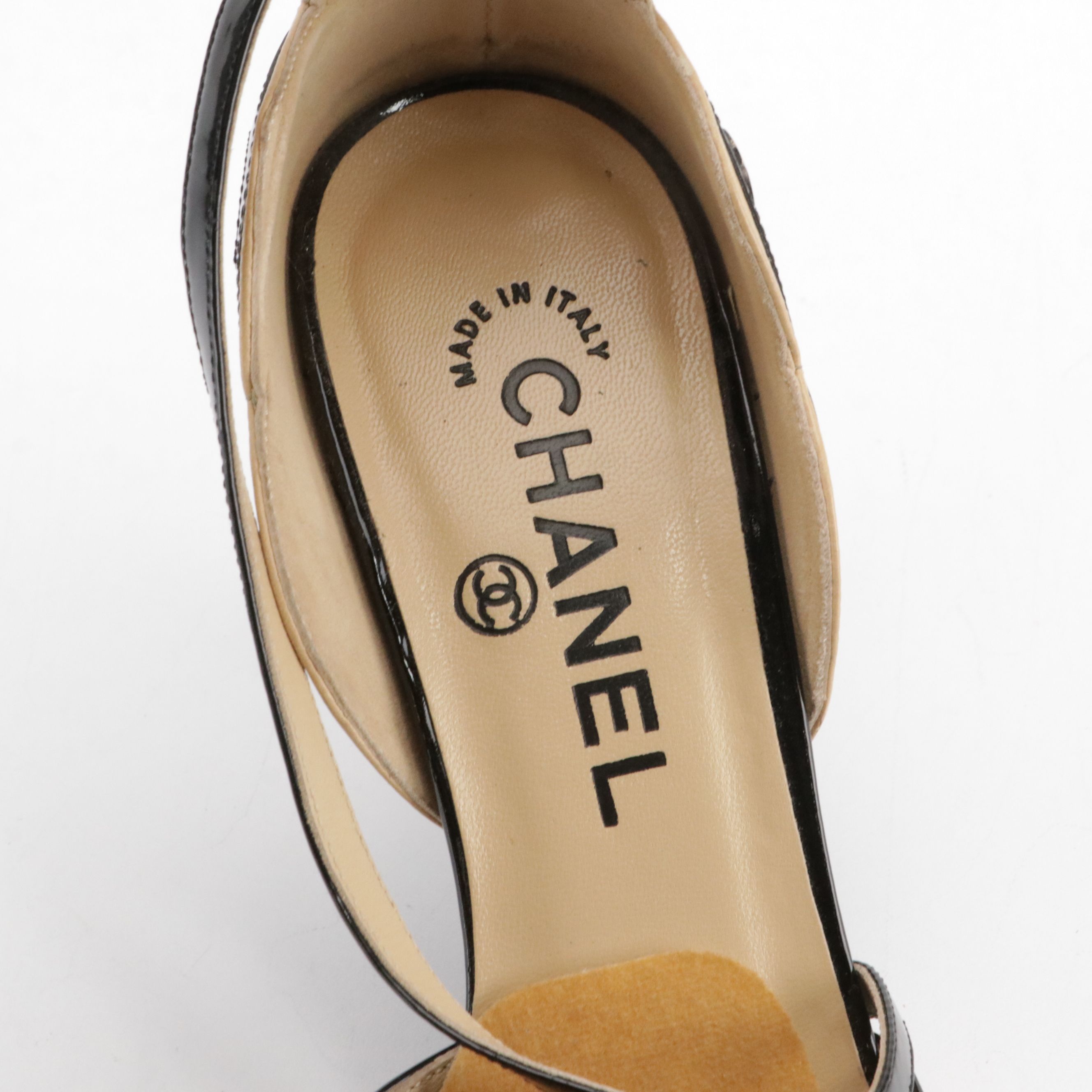 Chanel CC Bicolor Leather and Patent Leather Cap-Toe Ankle Strap Pumps