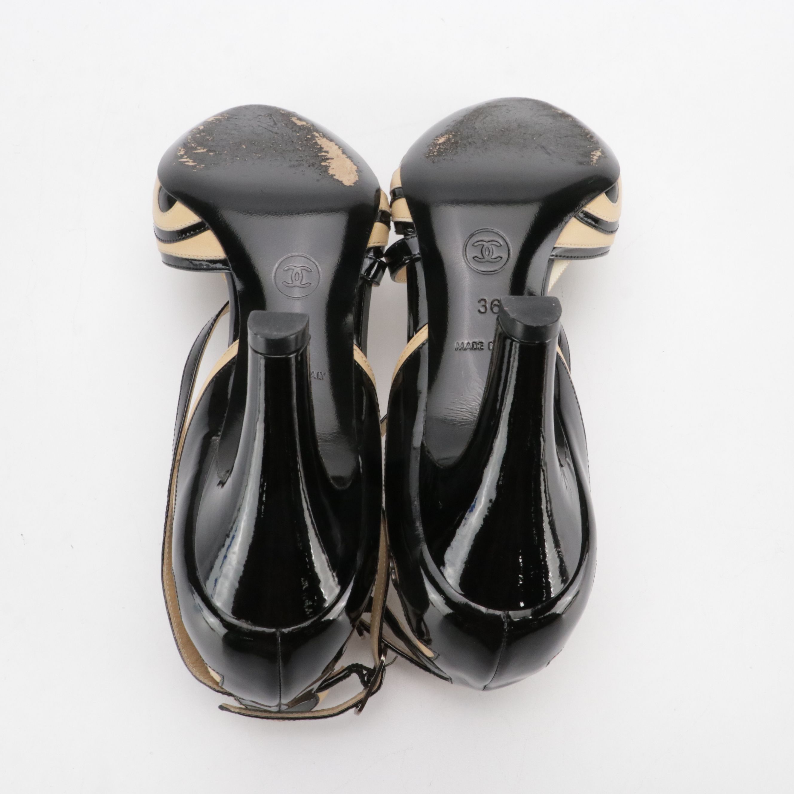 Chanel CC Bicolor Leather and Patent Leather Cap-Toe Ankle Strap Pumps