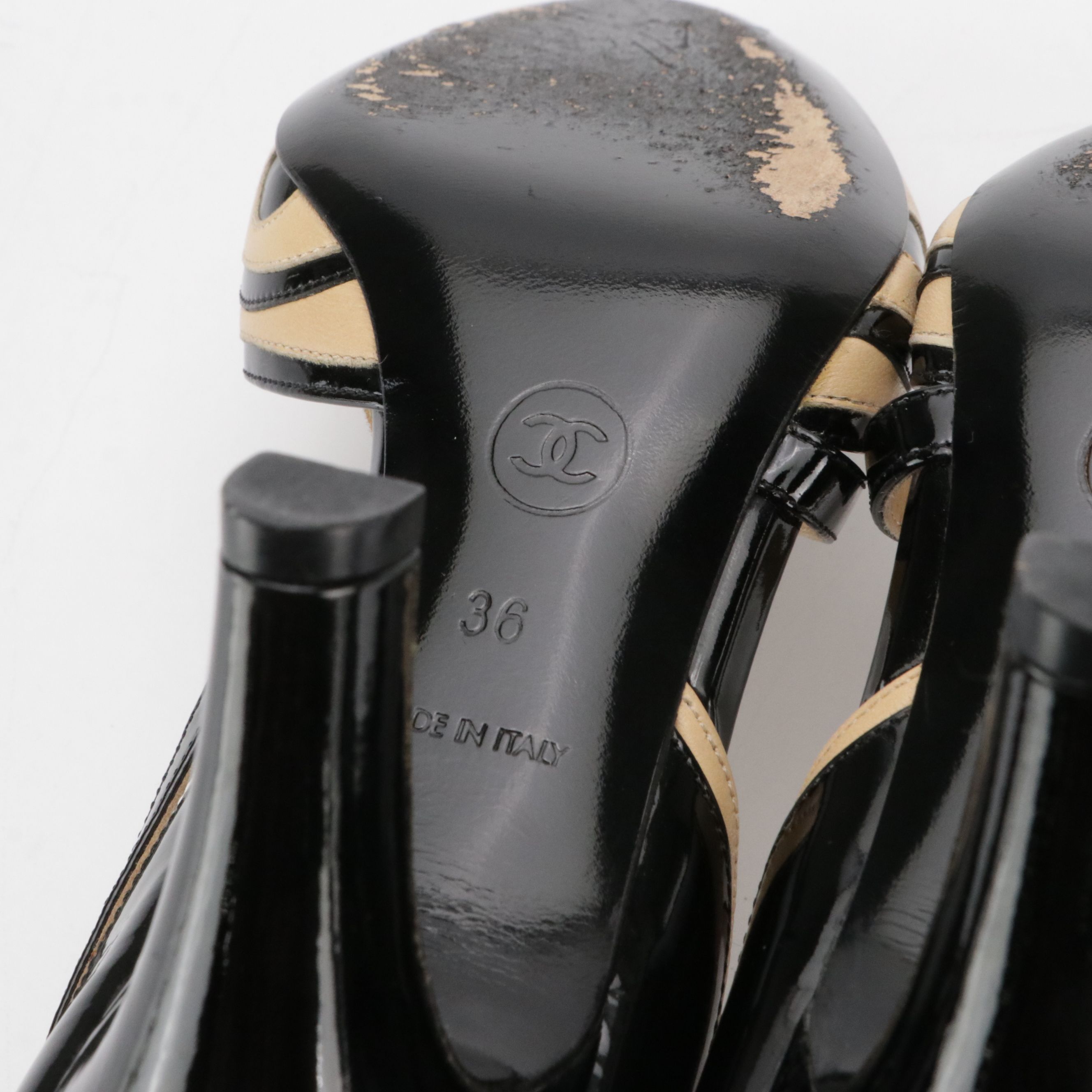 Chanel CC Bicolor Leather and Patent Leather Cap-Toe Ankle Strap Pumps