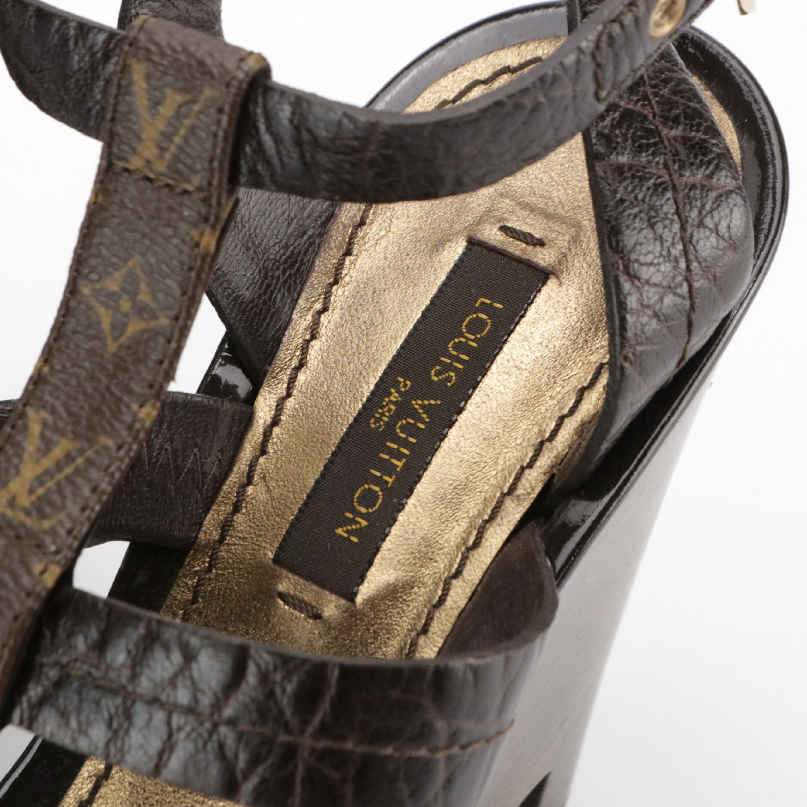 Louis Vuitton Gladiator Wedge Sandals in Alligator Leather and Monogram Canvas