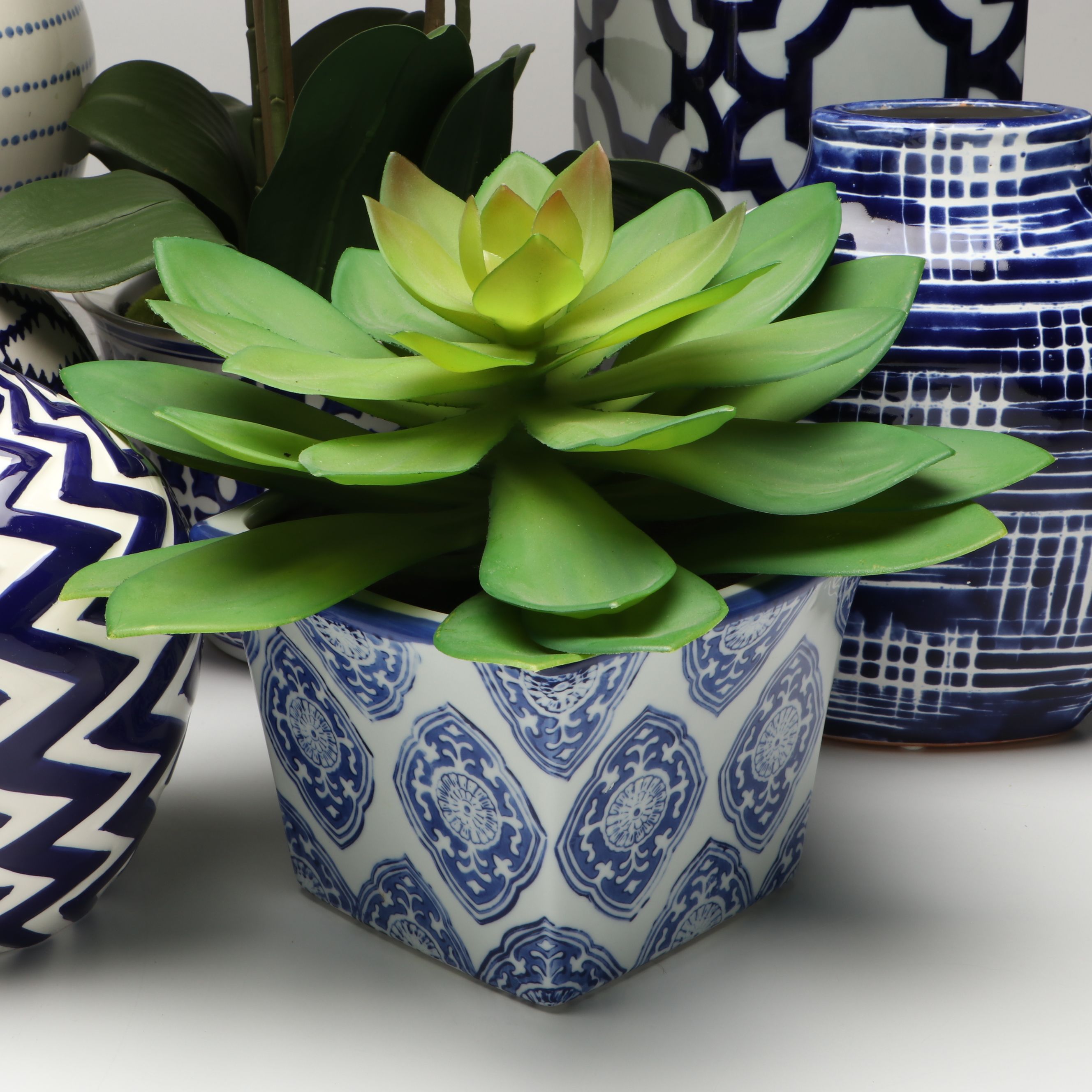 Contemporary Blue Patterned Ceramic Vases with Artificial Orchid and Succulent