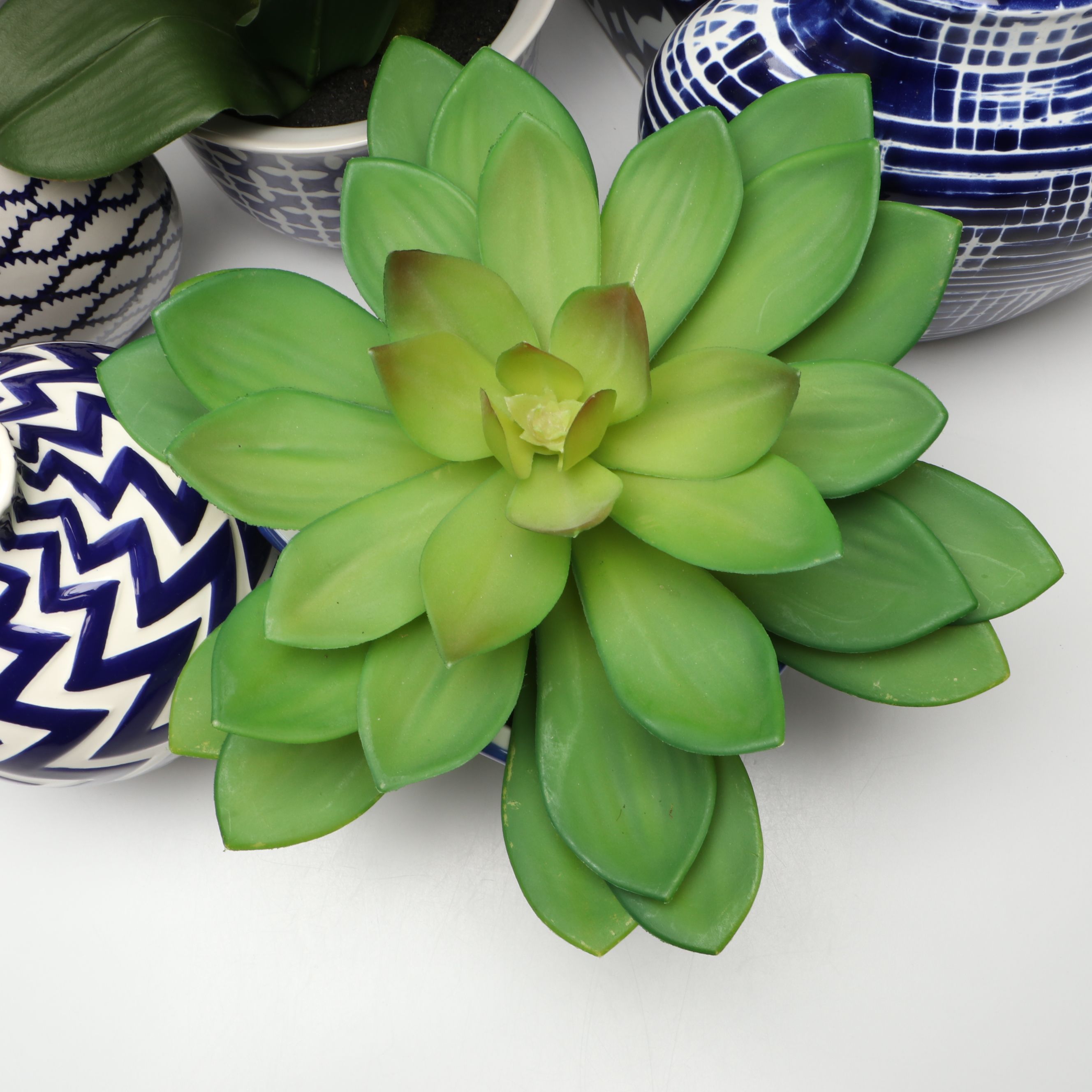 Contemporary Blue Patterned Ceramic Vases with Artificial Orchid and Succulent