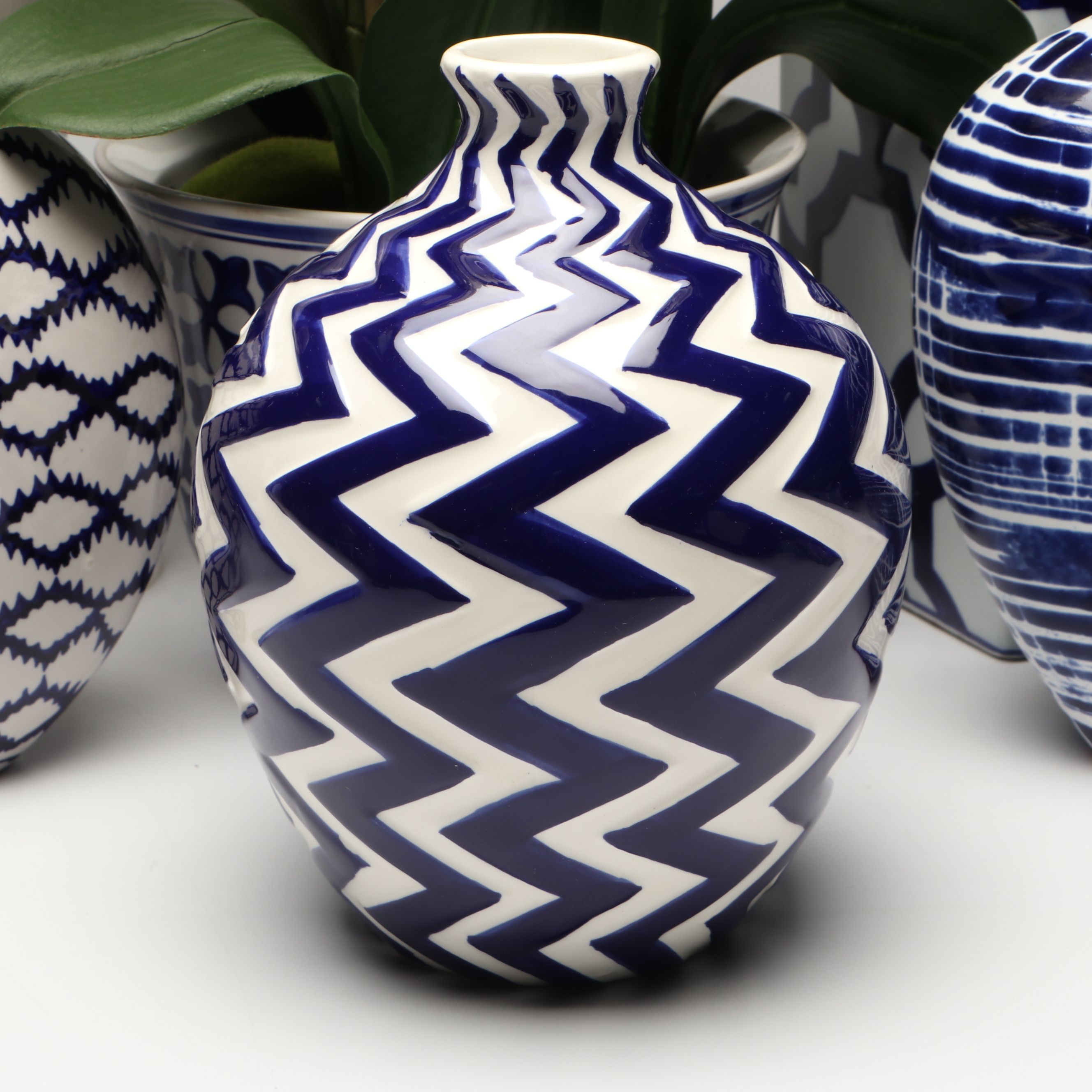 Contemporary Blue Patterned Ceramic Vases with Artificial Orchid and Succulent