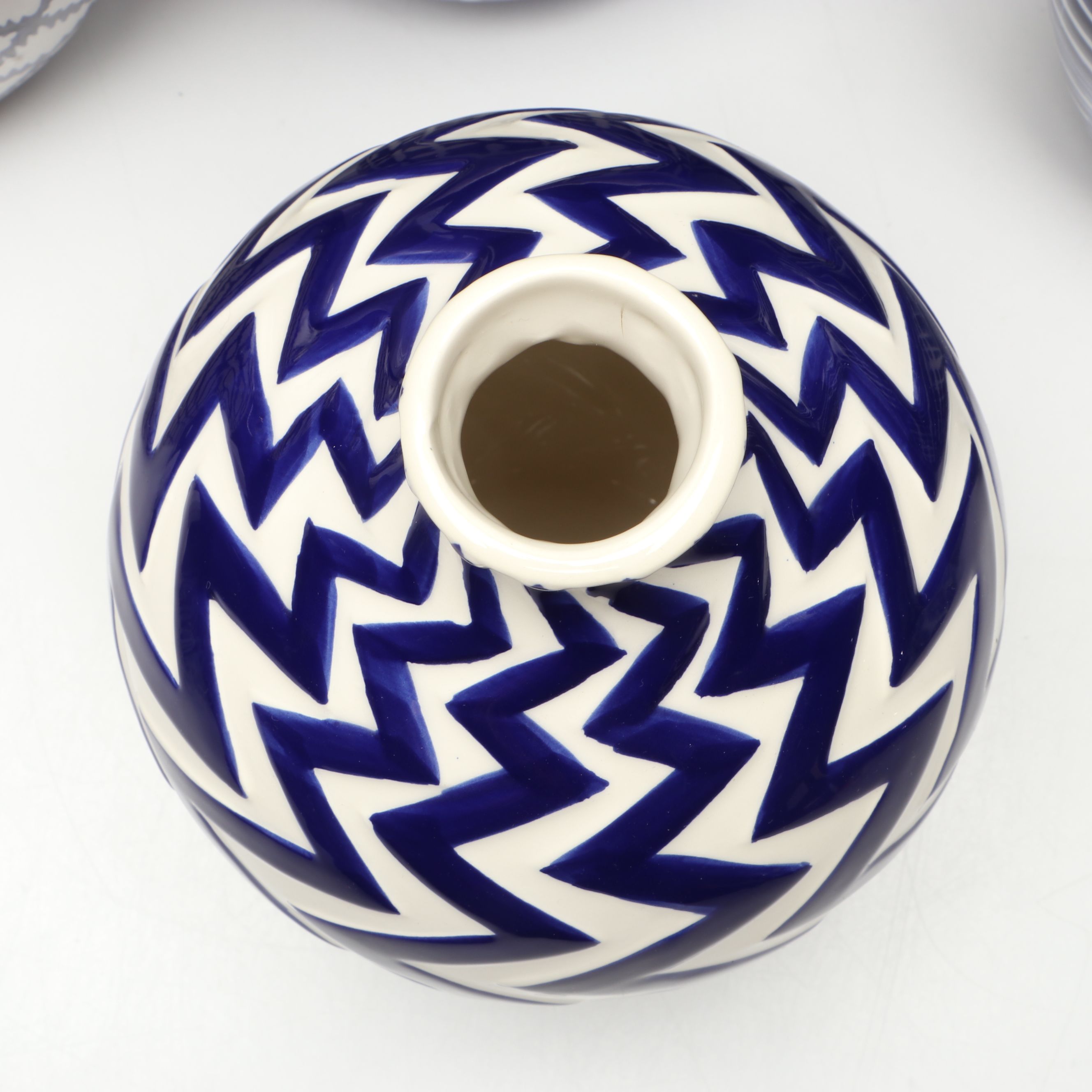 Contemporary Blue Patterned Ceramic Vases with Artificial Orchid and Succulent