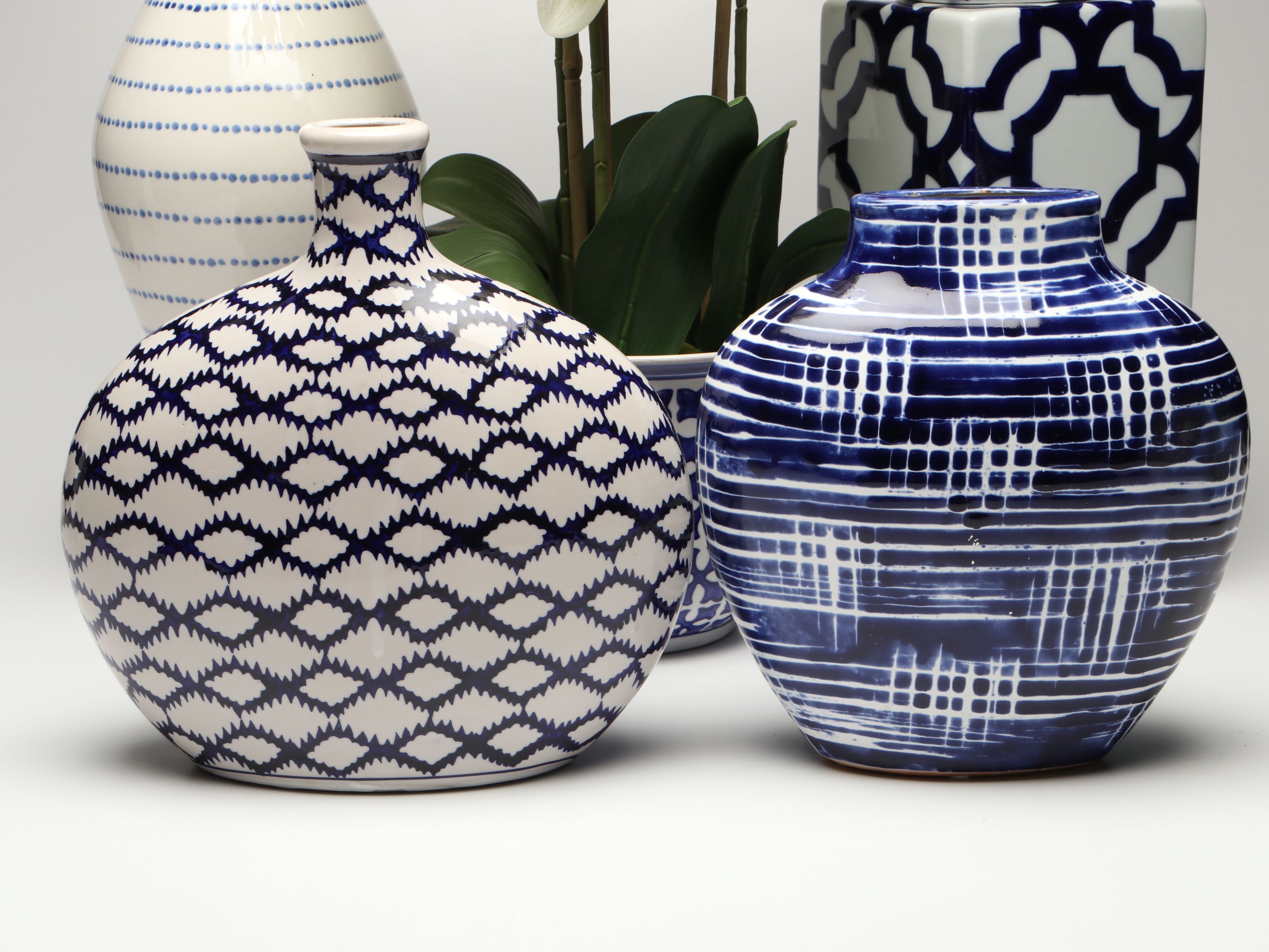 Contemporary Blue Patterned Ceramic Vases with Artificial Orchid and Succulent