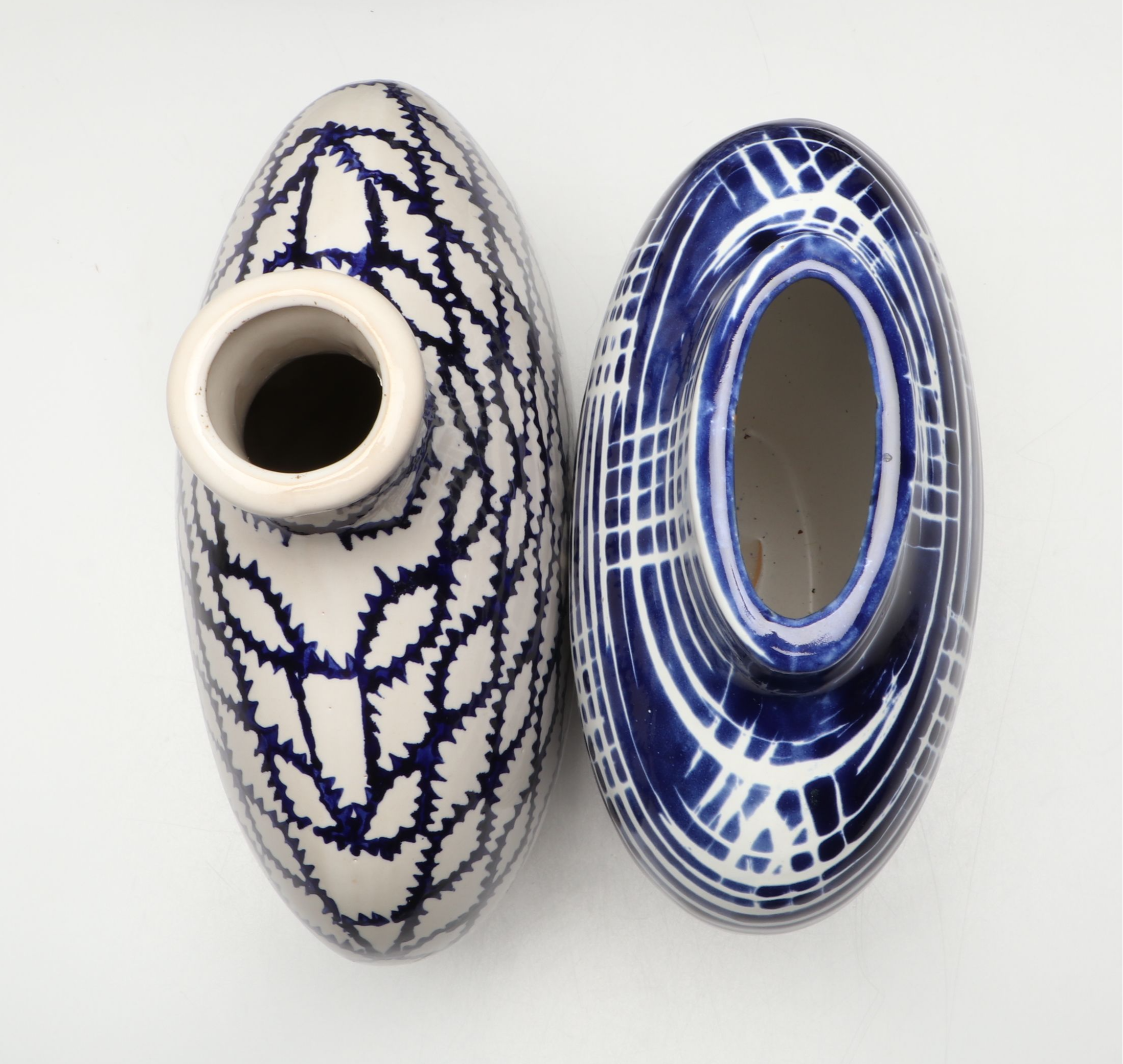 Contemporary Blue Patterned Ceramic Vases with Artificial Orchid and Succulent