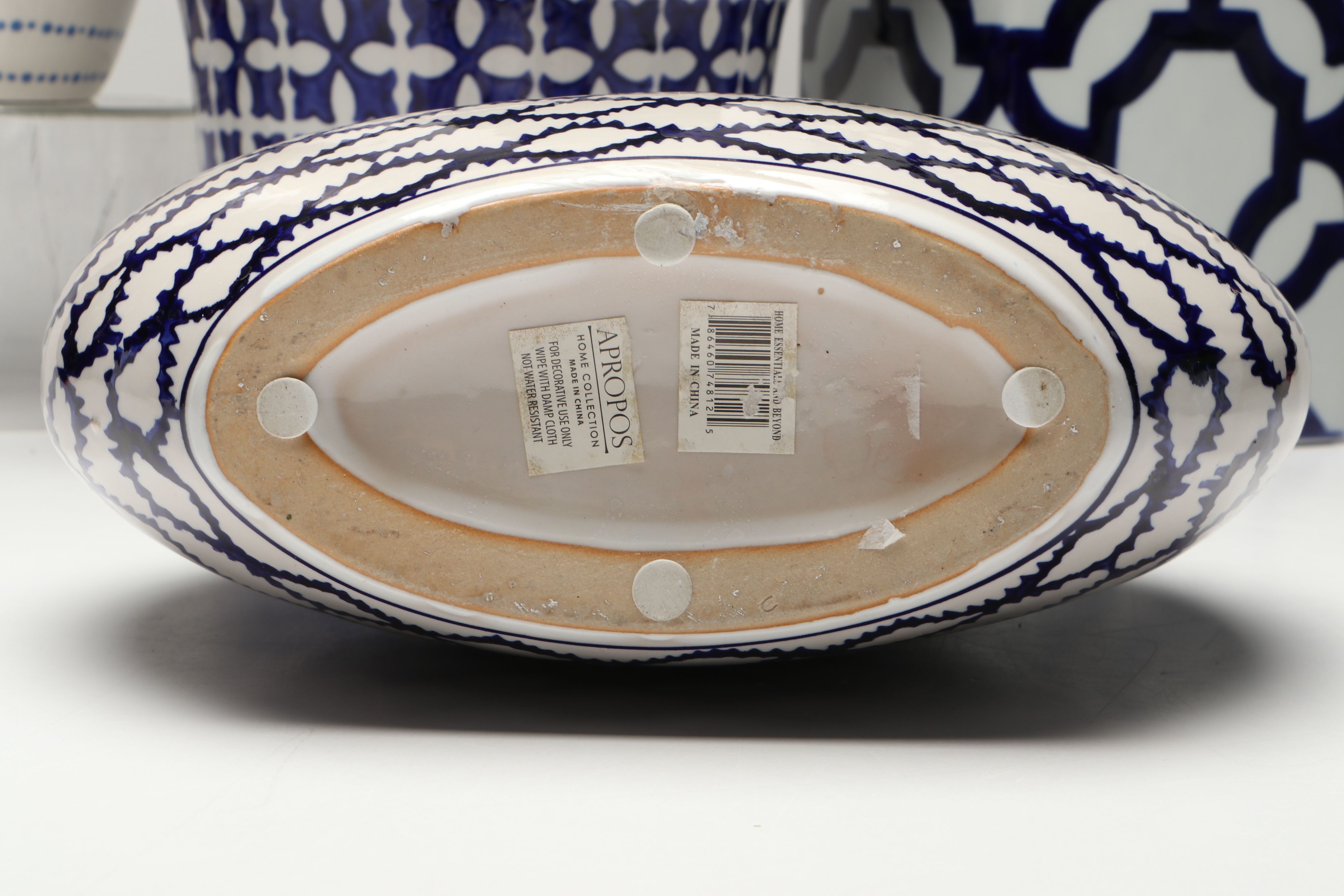 Contemporary Blue Patterned Ceramic Vases with Artificial Orchid and Succulent