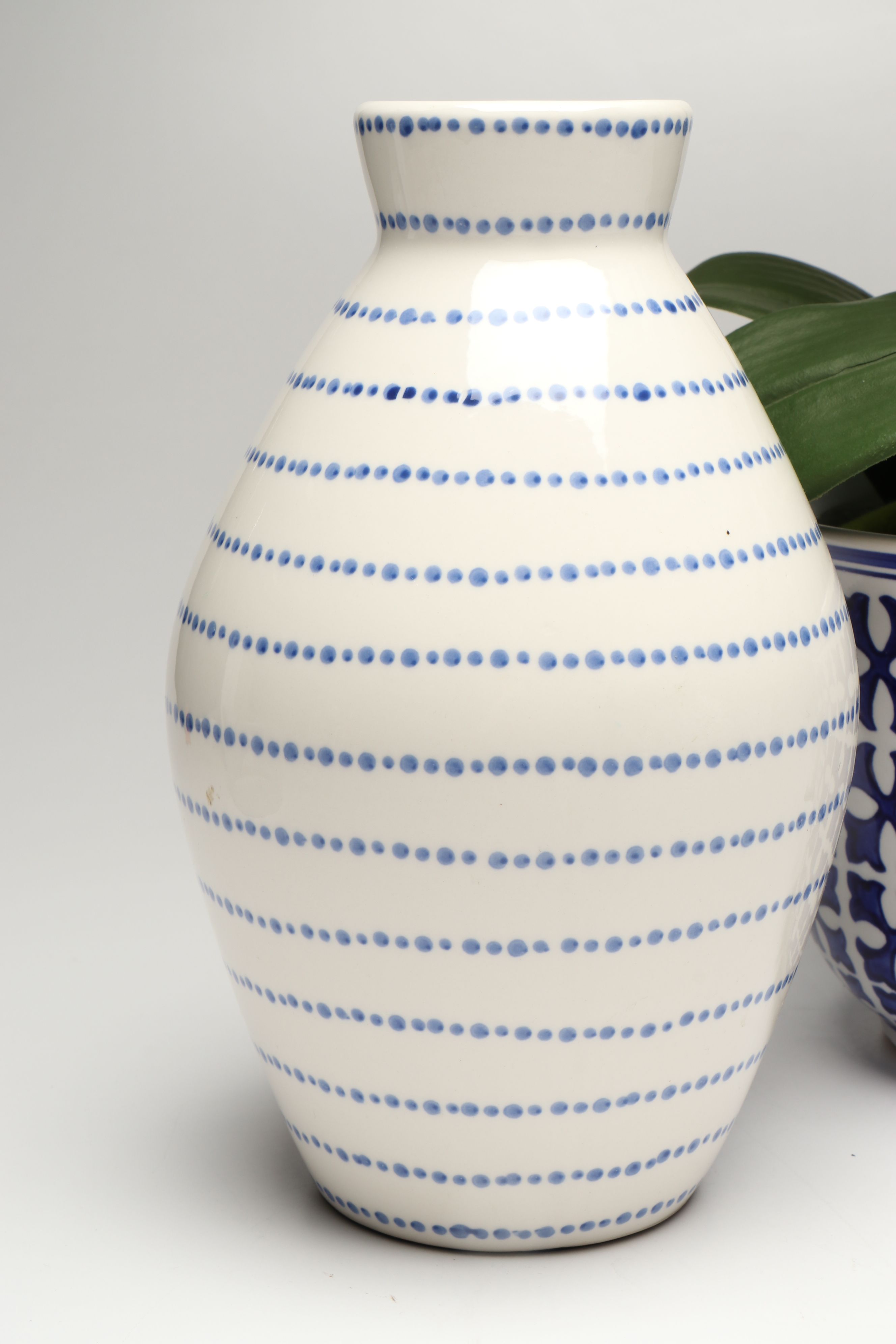 Contemporary Blue Patterned Ceramic Vases with Artificial Orchid and Succulent