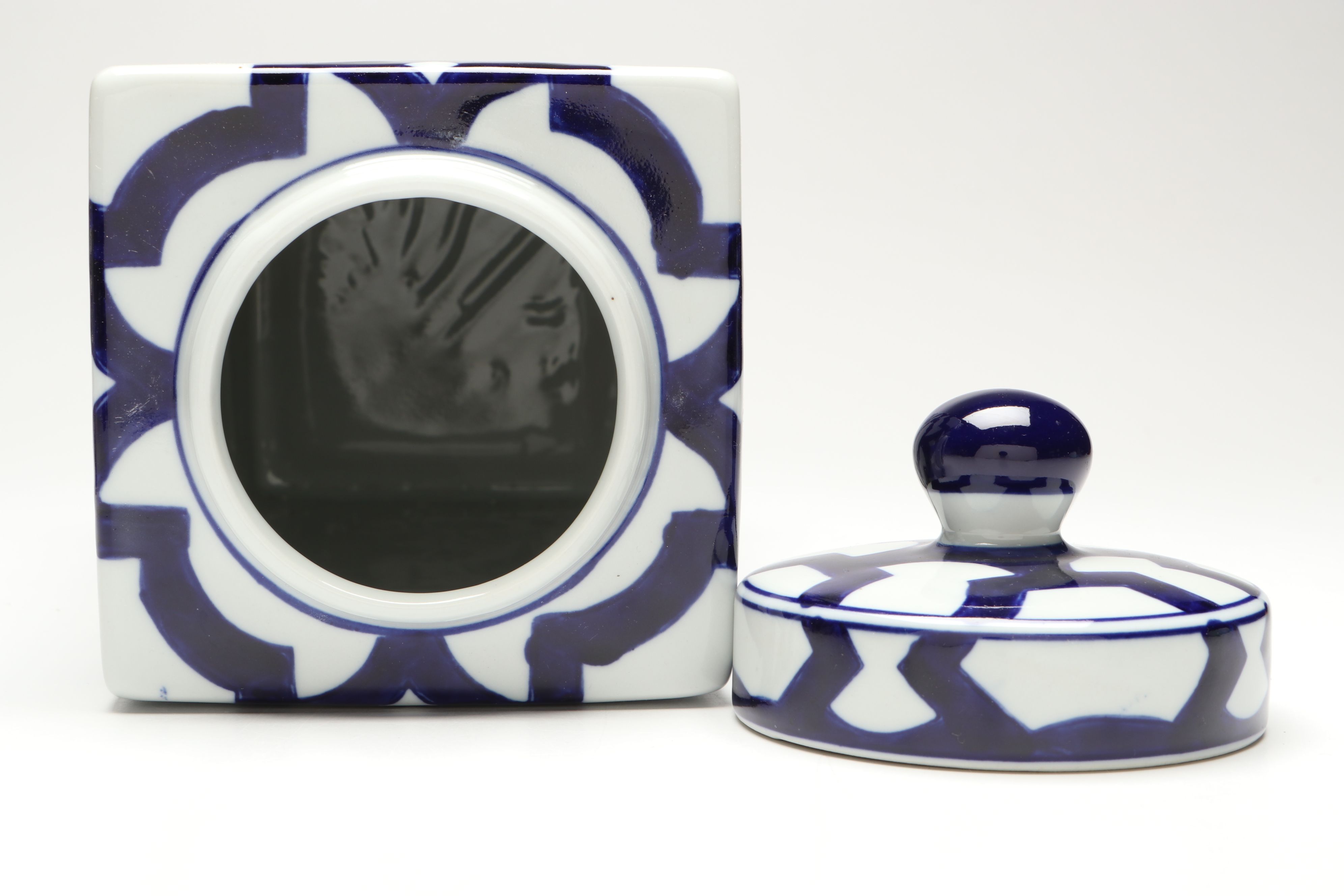 Contemporary Blue Patterned Ceramic Vases with Artificial Orchid and Succulent