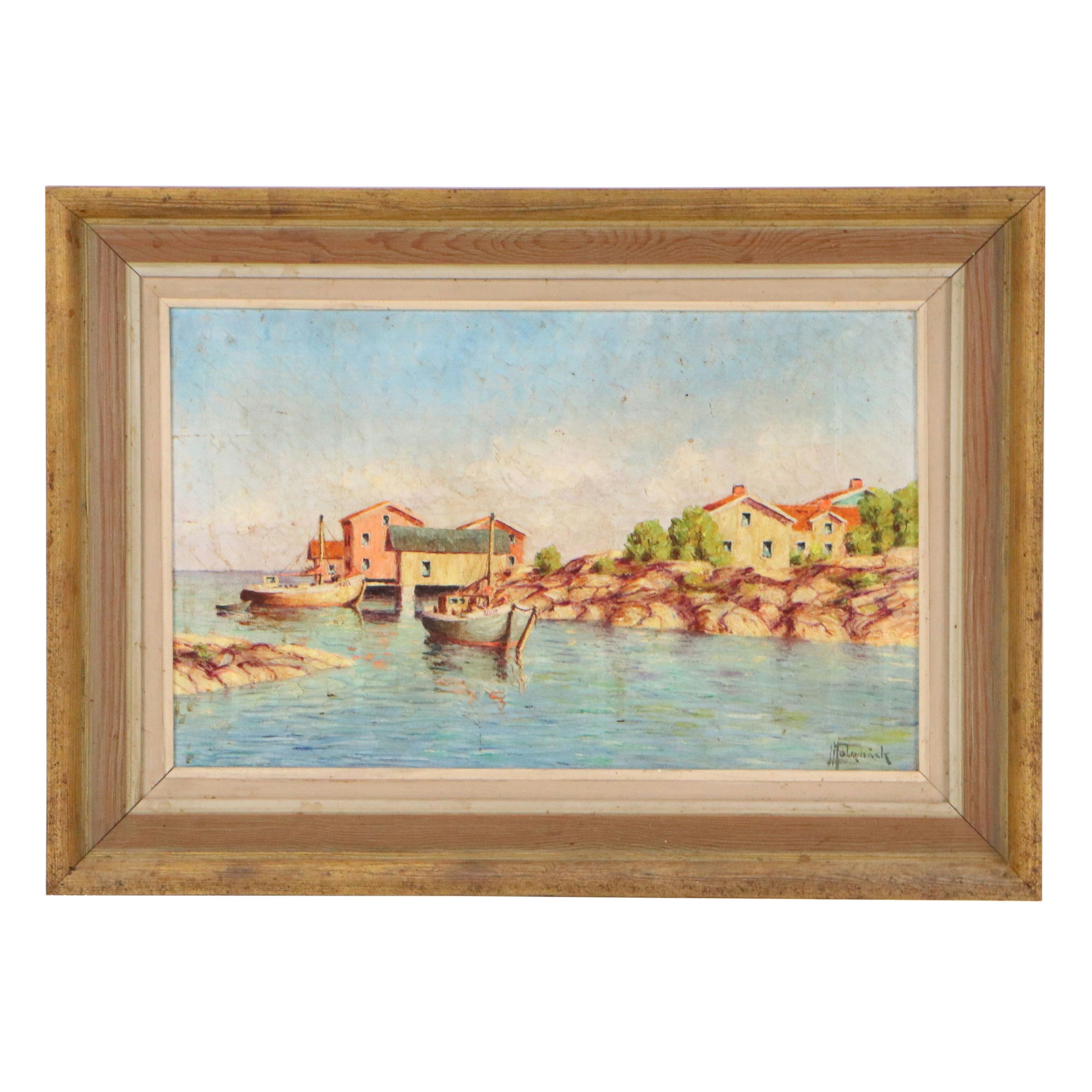 Johan Ingjald Holmbäck Oil Painting of Harbor Scene, 20th Century