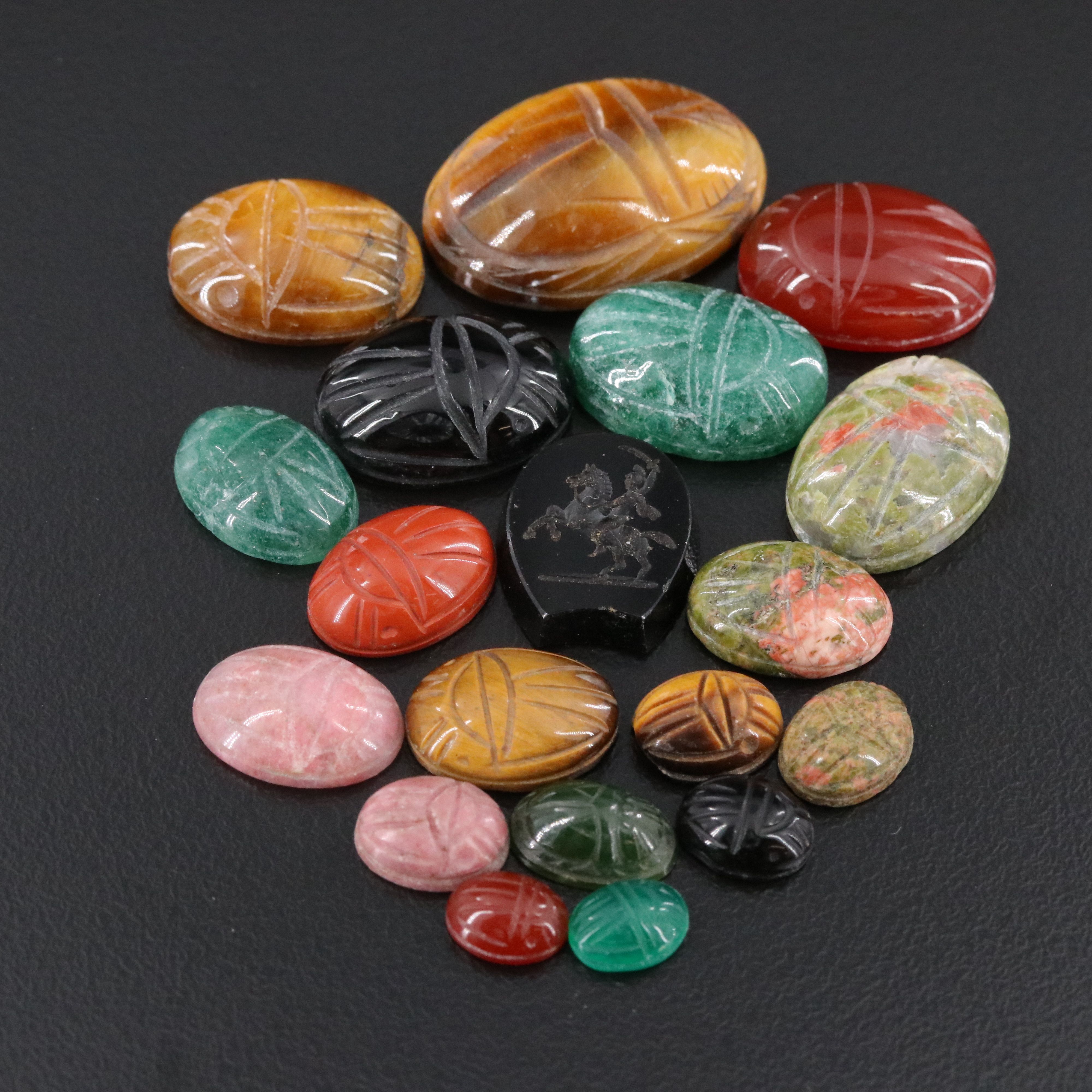 Loose Gemstone Lot Including Tiger's Eye, Chalcedony and Unakite